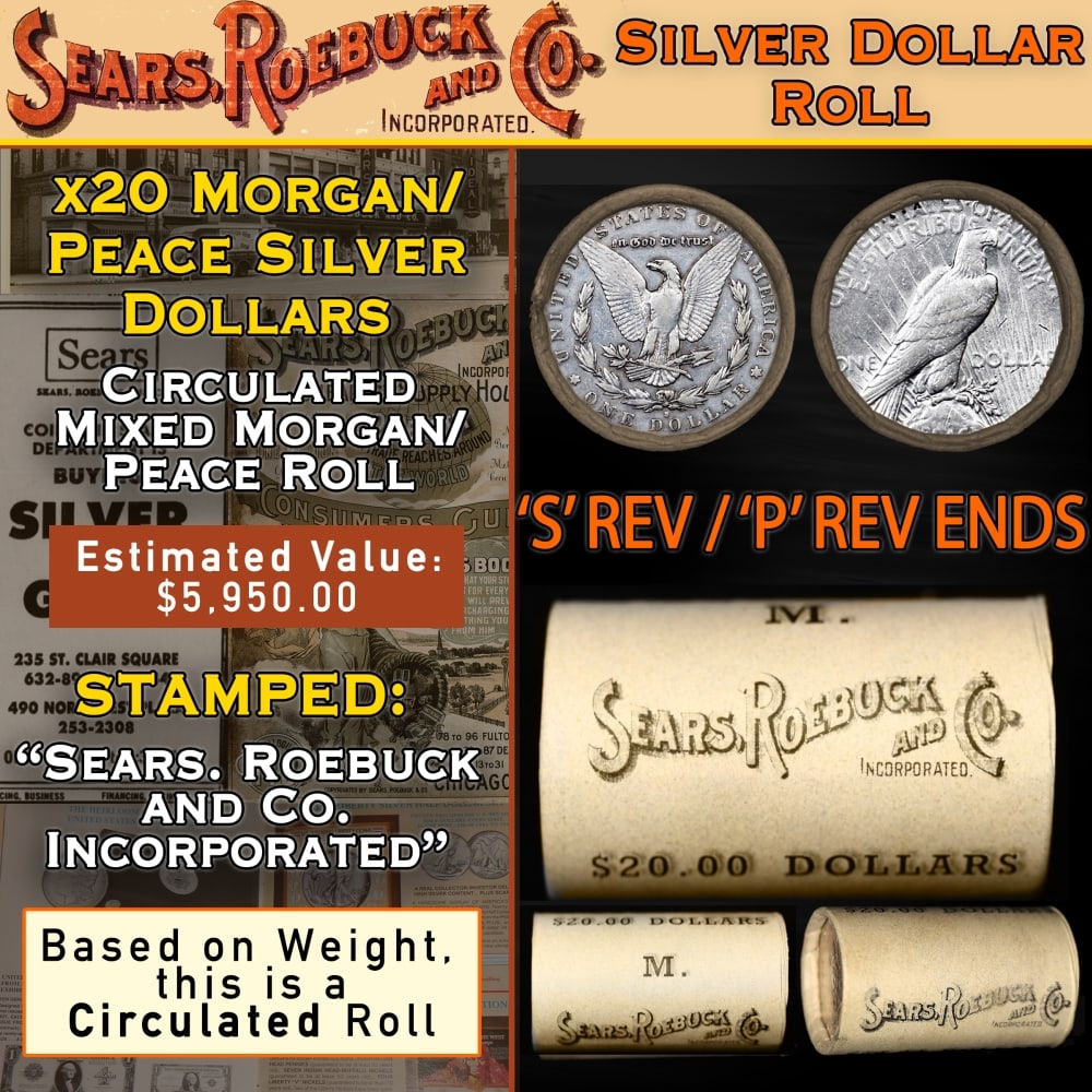 20 Mixed Morgan/Peace SEARS Dollar Roll Circ Morgan 'S' Rev/Peace 'P' Rev Ends: 20 Mixed Morgan/Peace SEARS Dollar Roll Circ Morgan 'S' Rev/Peace 'P' Rev Ends. Up For Auction is a 92- 20 Mixed Morgan/Peace SEARS Dollar Roll Circ Morgan 'P' Rev/Peace 'P' Rev Ends Roll Weighing 536