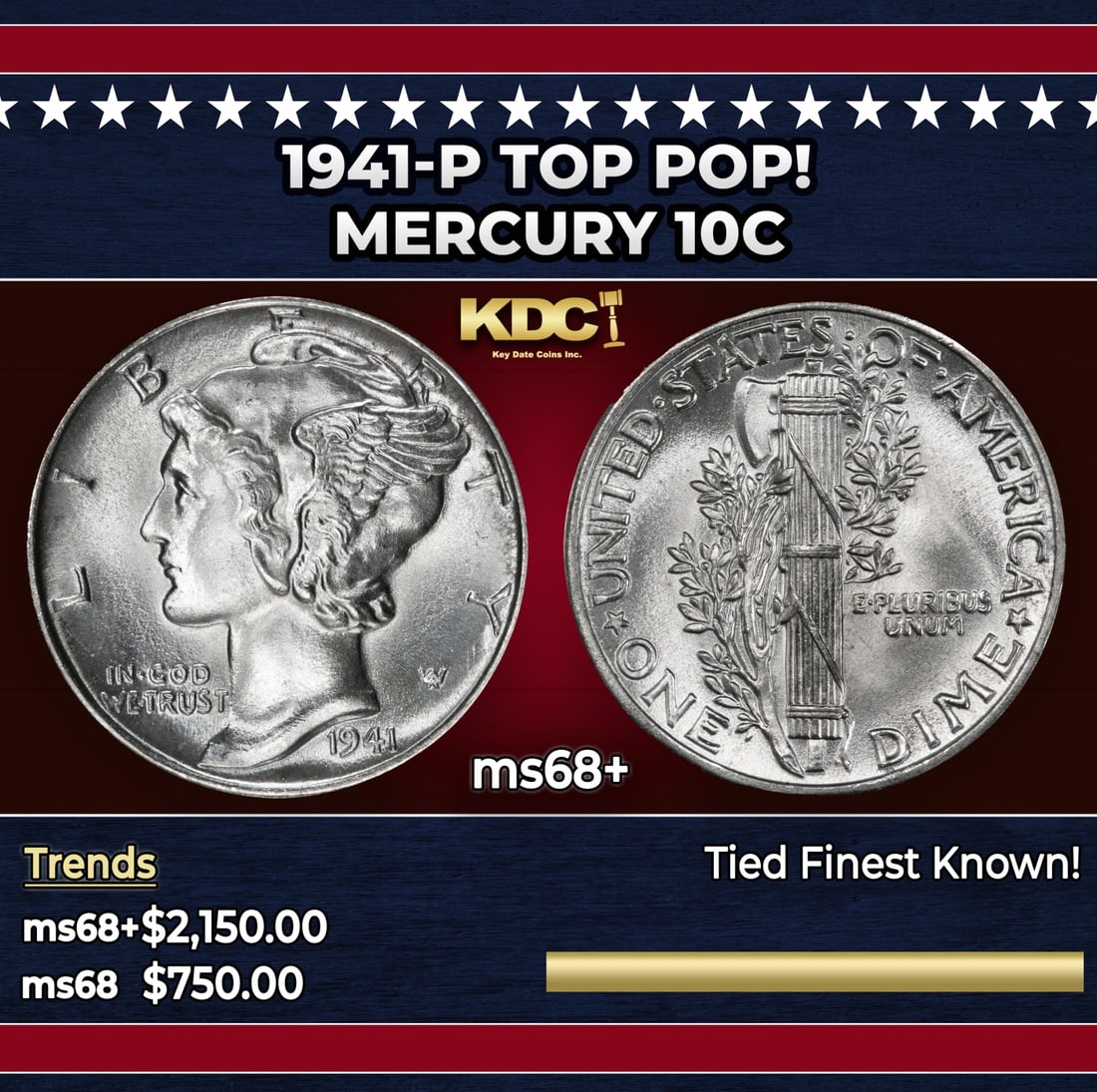 1941-p Mercury Dime TOP POP! 10c ms68+ SEGS: 1941-p TOP POP! Mercury Dime 10c ms68+ SEGS. Historic precious metal trends is causing increased spot pricing by the day. On auctions with set openings, we are doing our best to have items priced at t