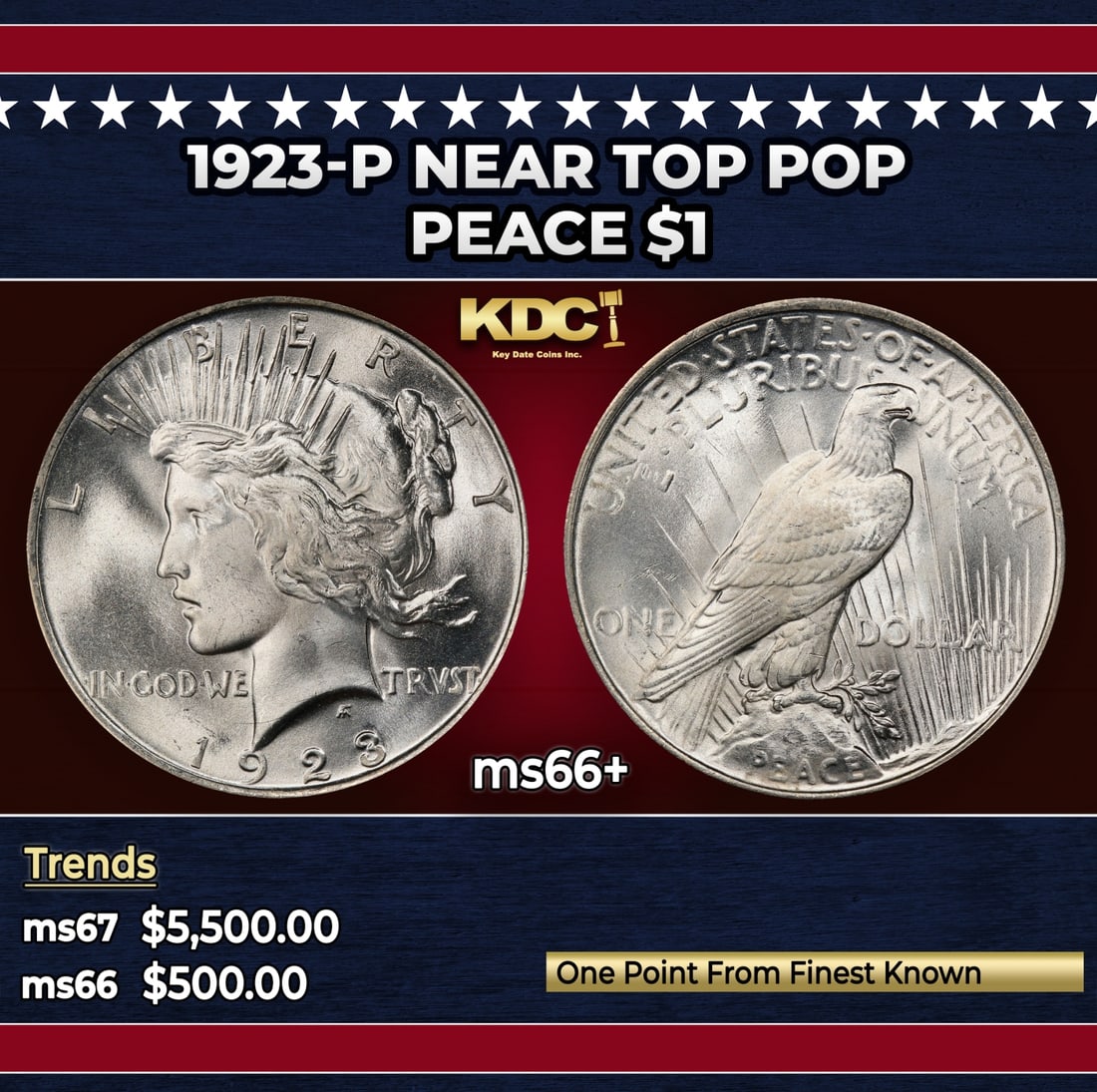1923-p Peace Dollar Near Top Pop $1 ms66+ SEGS: 1923-p Near Top Pop Peace Dollar $1 ms66+ SEGS. Historic precious metal trends is causing increased spot pricing by the day. On auctions with set openings, we are doing our best to have items priced a