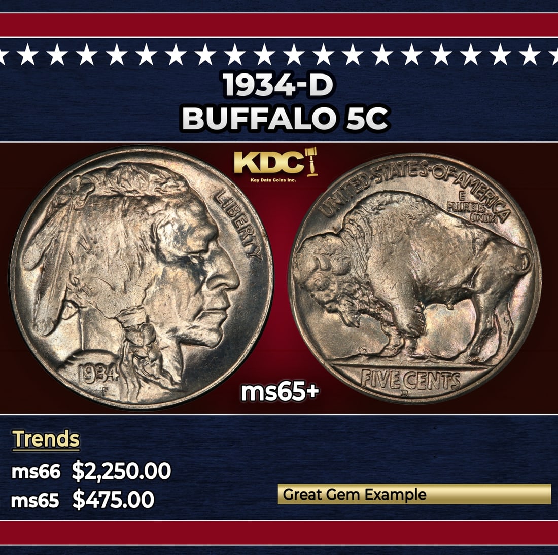 1934-d Buffalo Nickel 5c ms65+ SEGS: 1934-d Buffalo Nickel 5c ms65+ SEGS. Historic precious metal trends is causing increased spot pricing by the day. On auctions with set openings, we are doing our best to have items priced at their mar