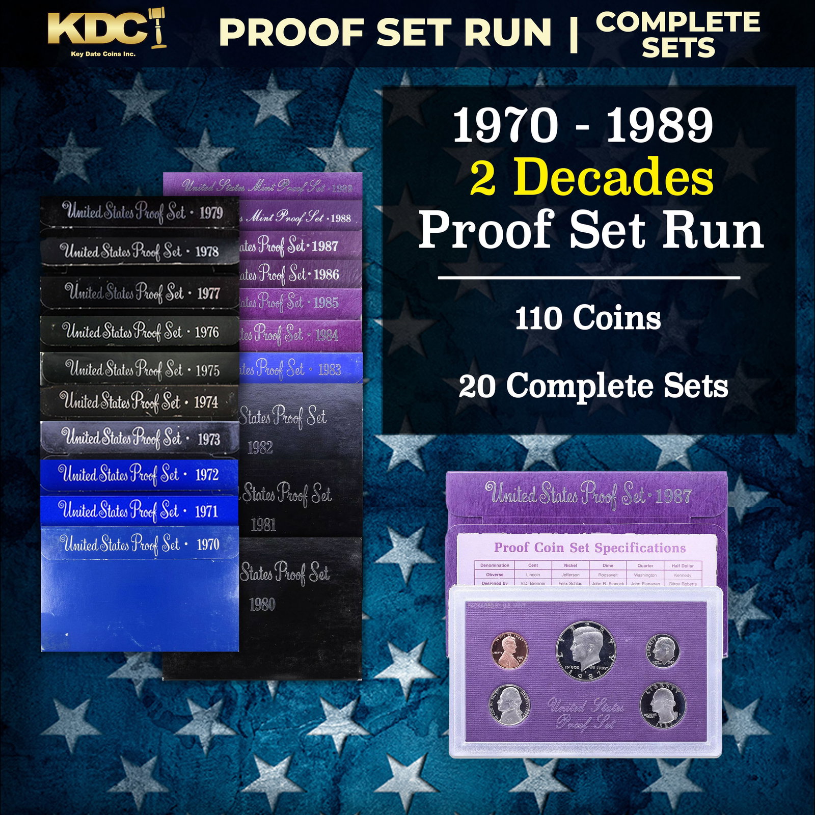 1970-1989 2 Decades Proof Set Run - 110 Coins, 20 Complete Sets: 1970-1989 2 Decades Proof Set Run - 110 Coins, 20 Complete Sets. 1970-1989 2 Decades Proof Set Run - 110 Coins, 10 Complete Sets. Includes All Ike $1 Years. Both the 1975 and 1976 proof sets contained