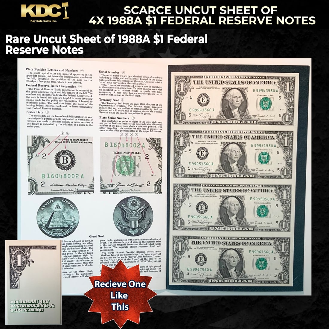 Scarce Uncut Sheet of 4x 1988A $1 Federal Reserve Notes In BeP Folder: Scarce Uncut Sheet of 4x 1988A $1 Federal Reserve Notes In BeP Folder. Historic precious metal trends is causing increased spot pricing by the day. On auctions with set openings, we are doing our best
