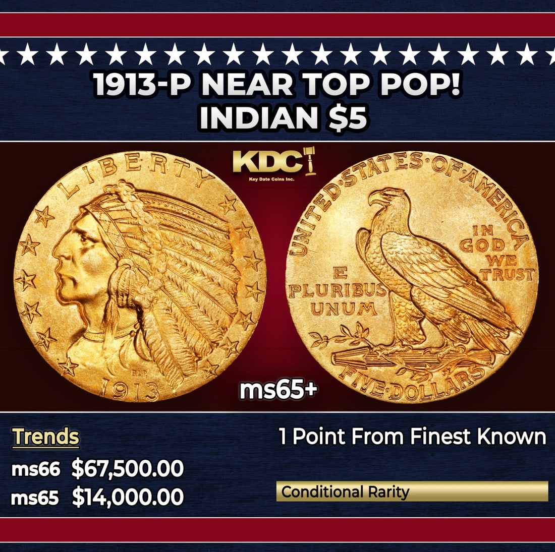1913-p Gold Indian Half Eagle Near Top Pop! $5 ms65+ USCG: 1913-p Near Top Pop! Gold Indian Half Eagle $5 ms65+ USCG. The 1913 Indian $5 is a tremendous condition rarity, with pieces readily available in lower Mint State but increasingly unavailable approachi