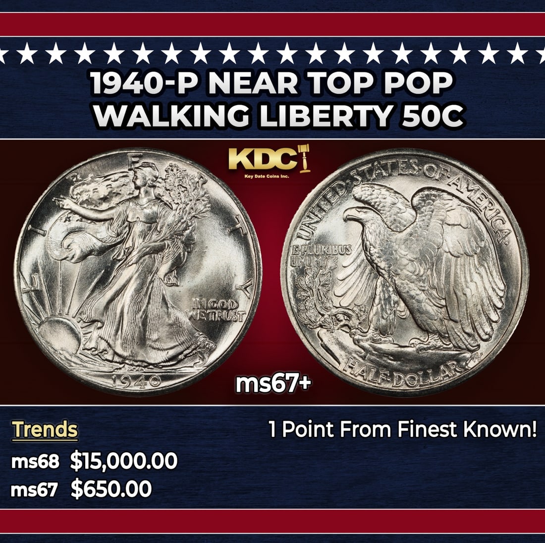1940-p Walking Liberty Half Dollar Near Top Pop 50c ms67+ SEGS: 1940-p Near Top Pop Walking Liberty Half Dollar 50c ms67+ SEGS. Historic precious metal trends is causing increased spot pricing by the day. On auctions with set openings, we are doing our best to hav