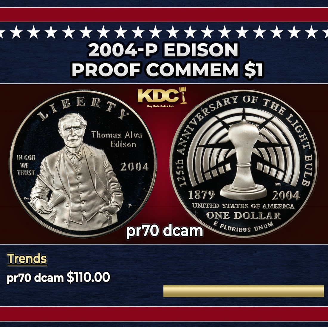 2004-P Edison Proof Modern Commem Dollar $1 pr70 dcam SEGS: 2004-P Edison Modern Commem Dollar $1 pr70 dcam SEGS. Historic precious metal trends is causing increased spot pricing by the day. On auctions with set openings, we are doing our best to have items pr