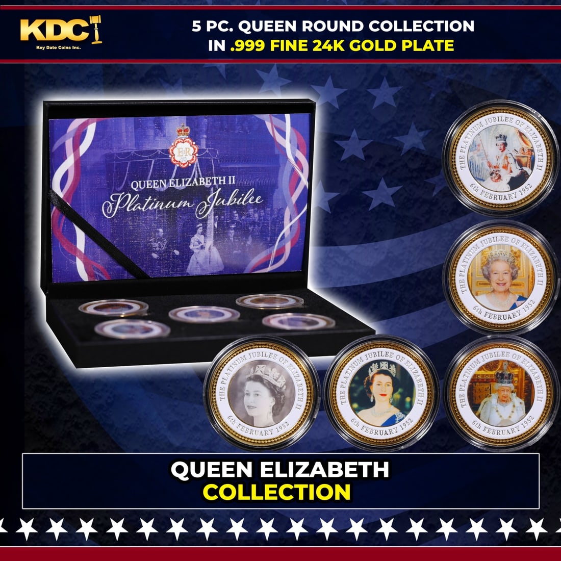 5 Coin Queen Elizabeth II Gold Plated Round Collection B: 5 Coin Queen Elizabeth II Gold Plated Round Collection B. 5 Pc. Queen Elizabeth II Gold Plated Round Collection. This set contains 5 rounds made up of .999 Fine Gold Plate from The Queen Elizabeth II 