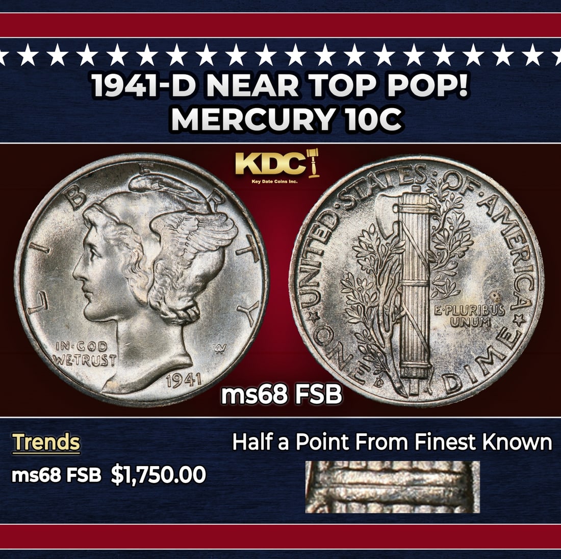 1941-d Mercury Dime Near Top Pop! 10c ms68 FSB SEGS: 1941-d Near Top Pop! Mercury Dime 10c ms68 FSB SEGS. Historic precious metal trends is causing increased spot pricing by the day. On auctions with set openings, we are doing our best to have items pri