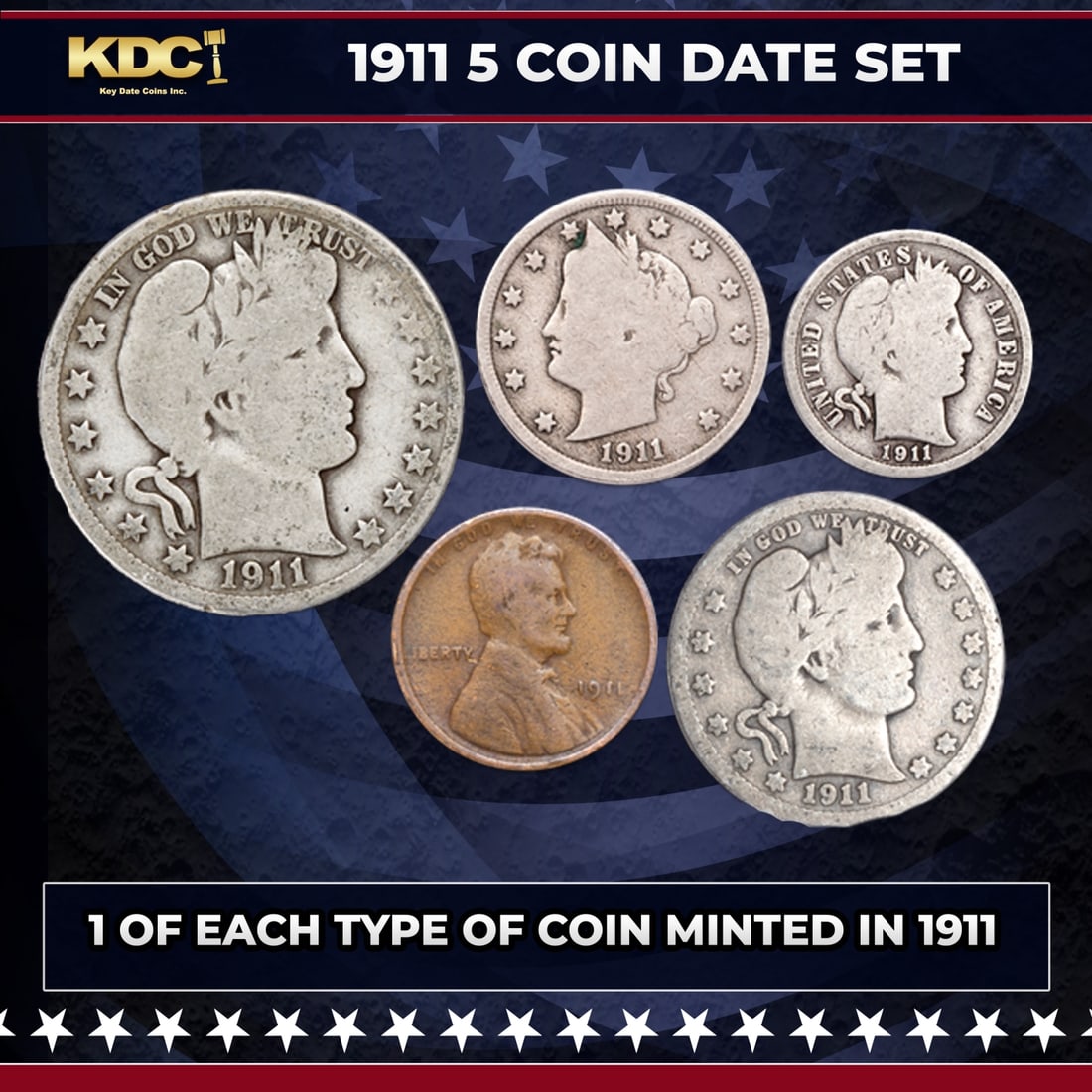 1911 5 Coin Date Set, 1 Of Each Type Of Coin Minted in 1911: 1911 5 Coin Date Set, 1 Of Each Type Of Coin Minted in 1911. Please Note All Backer Cards may have slight differences but will be very similar if not identical to the one in the photo