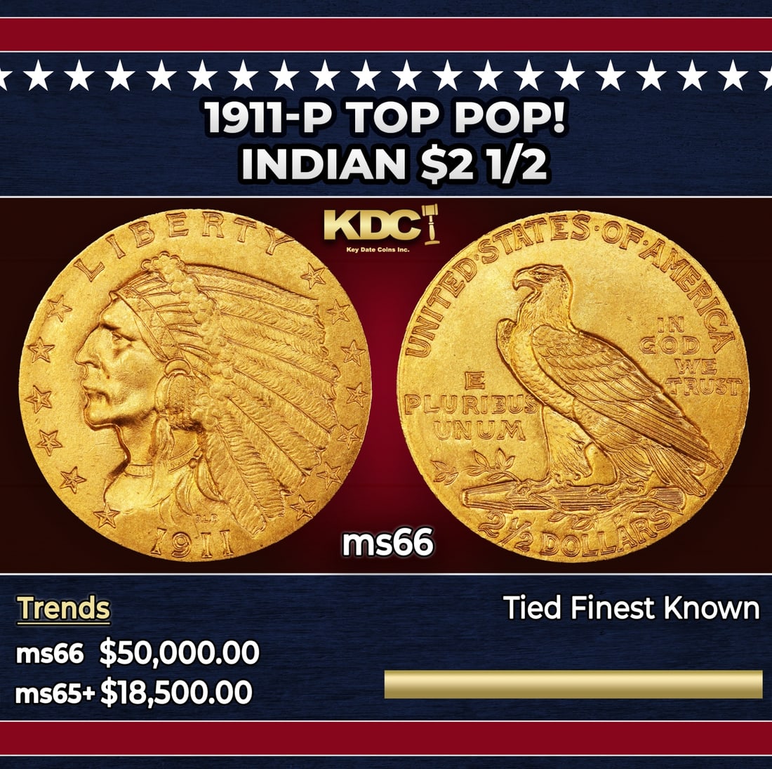 1911-p Gold Indian Quarter Eagle TOP POP! $2 1/2 ms66 USCG: 1911-p TOP POP! Gold Indian Quarter Eagle $2 1/2 ms66 USCG. Quarter eagles of 1911 are readily obtainable through MS63. Near-Gems become a little more difficult to acquire, and Gems are scarce. Coins 