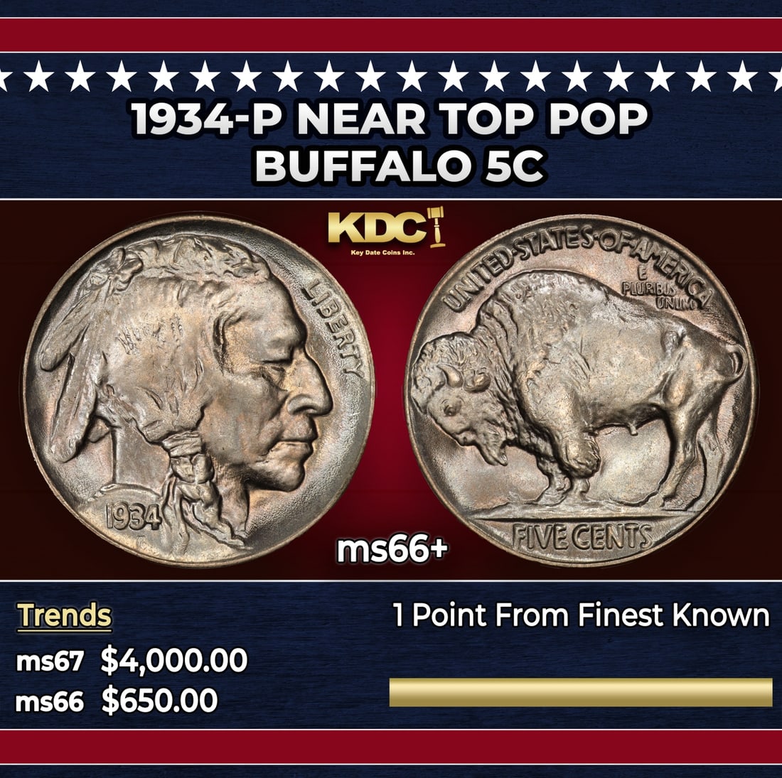 1934-p Buffalo Nickel Near Top Pop 5c ms66+ SEGS: 1934-p Near Top Pop Buffalo Nickel 5c ms66+ SEGS. Historic precious metal trends is causing increased spot pricing by the day. On auctions with set openings, we are doing our best to have items priced
