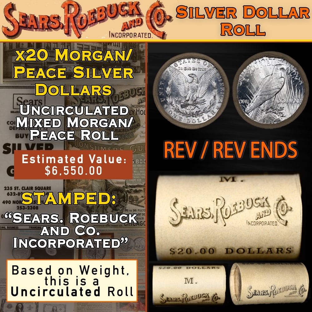 20 Mixed Morgan/Peace SEARS Dollar Roll Unc Morgan 'P' Rev/Peace 'P' Rev Ends: 20 Mixed Morgan/Peace SEARS Dollar Roll Unc Morgan 'P' Rev/Peace 'P' Rev Ends. Up For Auction is a 80- 20 Mixed Morgan/Peace SEARS Dollar Roll Unc Morgan 'P' Rev/Peace 'P' Rev Ends Roll Weighing 533.3