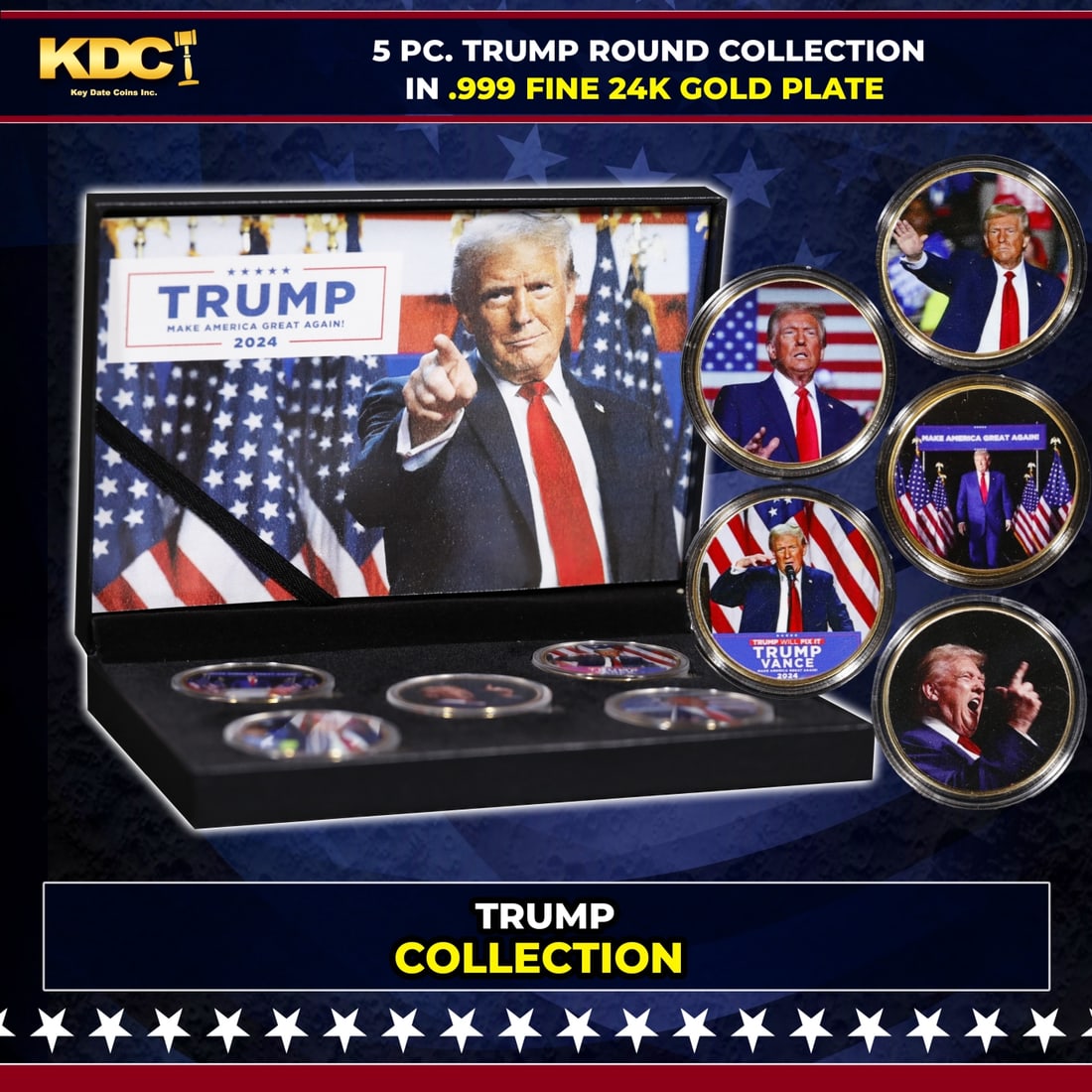 5 Coin President Donald Trump Gold Plated Round Collection: 5 Coin President Donald Trump Gold Plated Round Collection. Please Note All Backer Cards may have slight differences but will be very similar if not identical to the one in the photo
