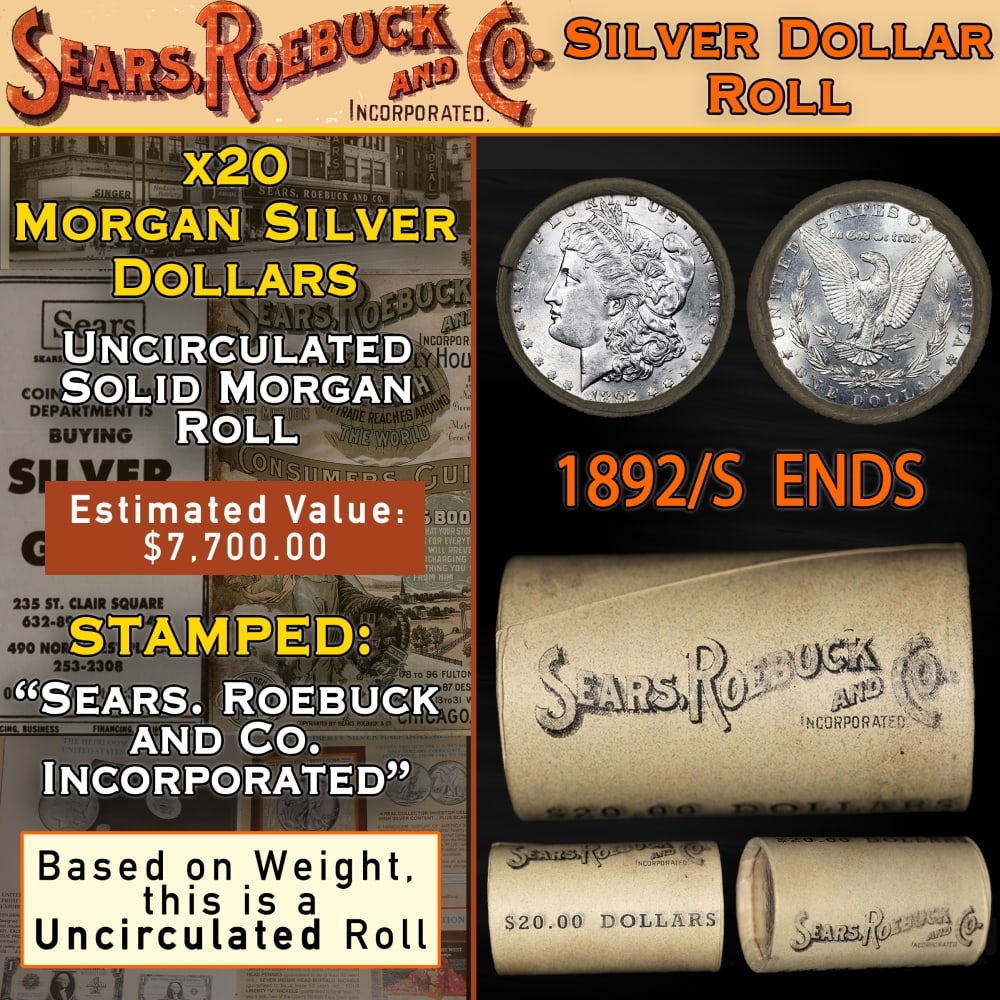 20 Uncirculated Morgan Silver Dollars $1 SEARS Roll 1892/'S' Rev Ends: 20 Uncirculated Morgan Silver Dollars $1 SEARS Roll 1892/'S' Rev Ends. Up For Auction is a 48- 20 Uncirculated Morgan Silver Dollars $1 SEARS Roll 1892/'P' Rev Ends Roll Weighing 536.9 g Based On this
