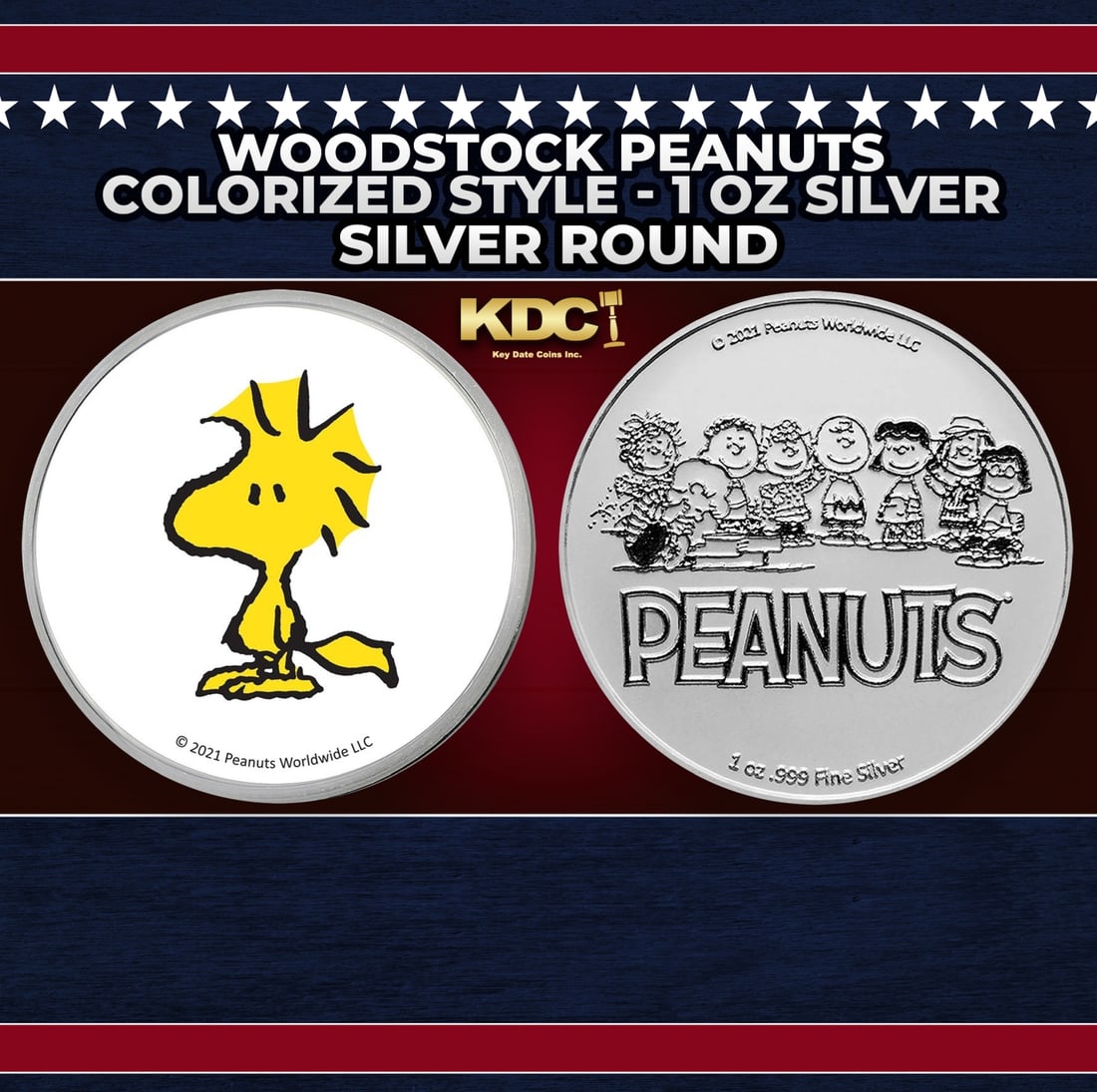 Woodstock Peanuts Colorized Style - 1 oz Silver Round Round: Woodstock Peanuts Colorized Style - 1 oz Silver Round. Now you can collect all of the classic Peanuts characters on these officially licensed silver rounds! Contains 1oz of .999 Fine Silver.
