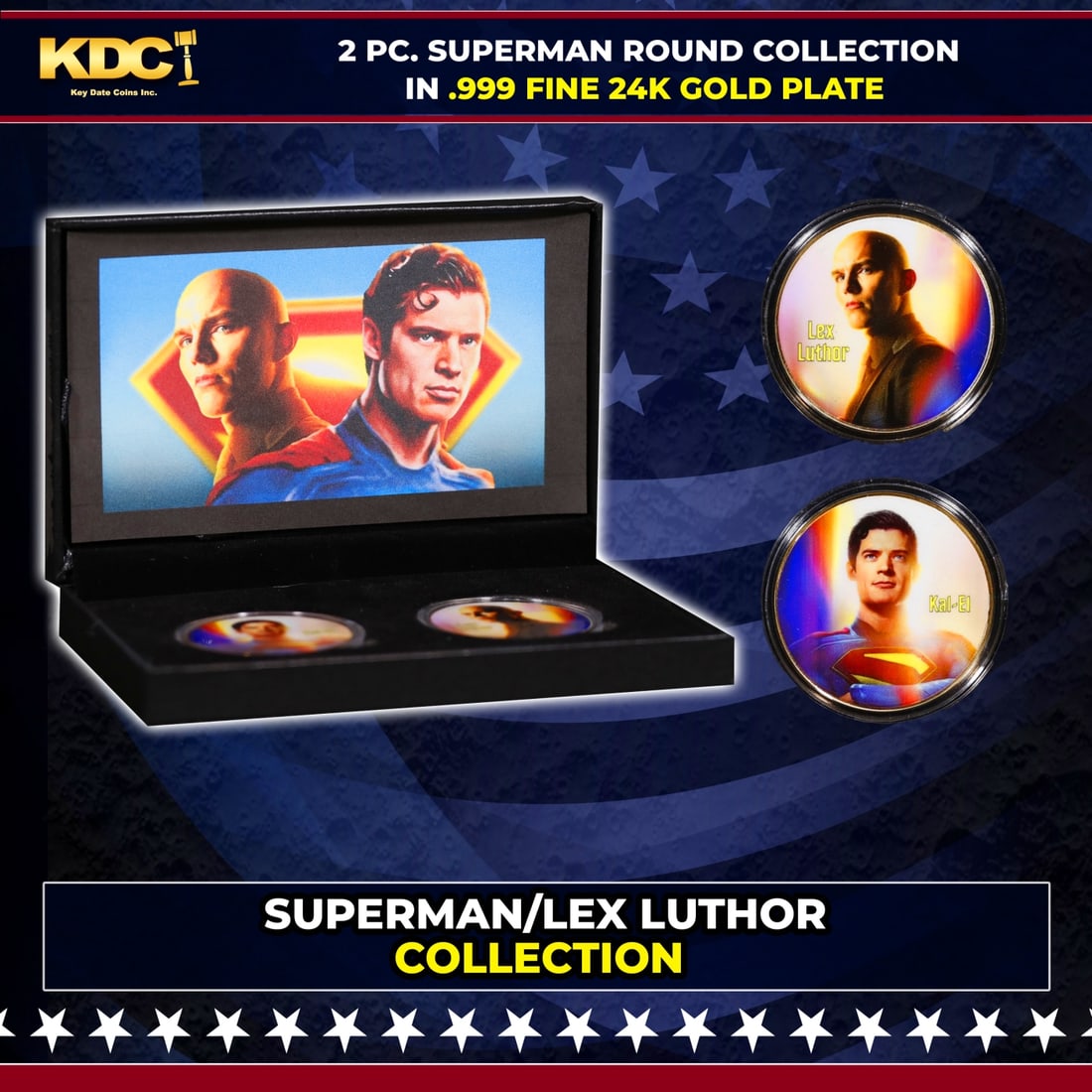 2 Coin Lex Luthor & Superman, James Gunn Gold Plated Round Collection In Custom Box W/ Special: 2 Coin Lex Luthor & Superman, James Gunn Gold Plated Round Collection In Custom Box W/ Special Backer card. Please Note All Backer Cards may have slight differences but will be very similar if not ide