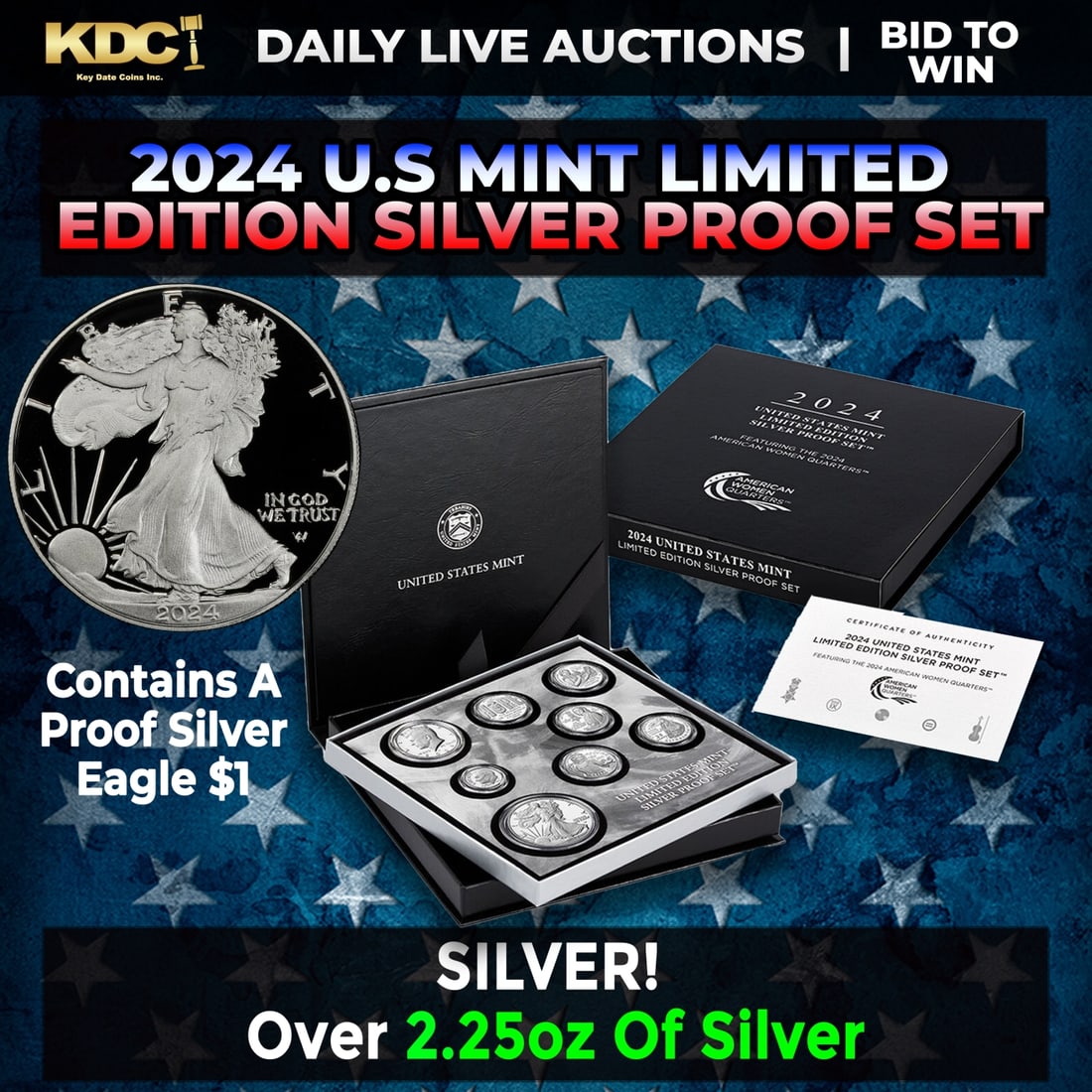 RARE 2024 United States Mint Limited Edition Silver Proof Set 8 coins, Over 2.25oz Of Silver low: RARE 2024 United States Mint Limited Edition Silver Proof Set 8 coins, Over 2.25oz Of Silver low mintage. 2024-s US Mint Limited Edition Silver Proof Set with 8 Coins. Contains 2.34 oz of Silver. Set 