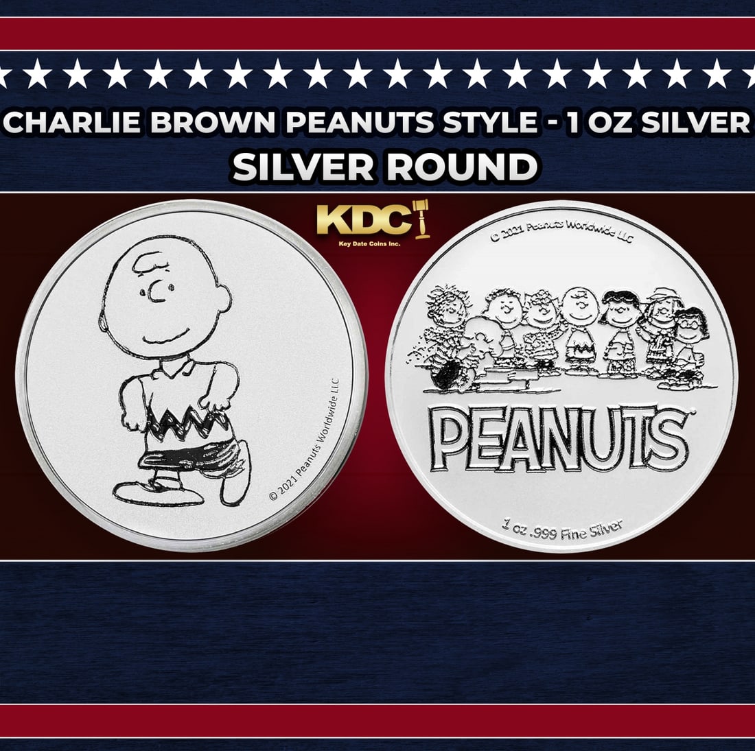 Charlie Brown Peanuts Style - 1 oz Silver Round Round: Charlie Brown Peanuts Style - 1 oz Silver Round. Now you can collect all of the classic Peanuts characters on these officially licensed silver rounds! Contains 1oz of .999 Fine Silver.