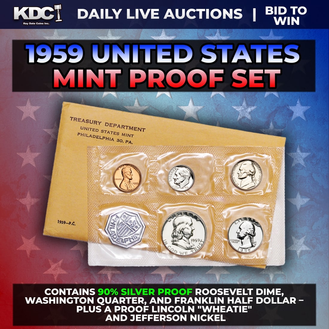 1959 United States Mint Silver Proof Set In Original Goventment Packaging, 5 Coins - Manilla: 1959 United States Mint Silver Proof Set In Original Goventment Packaging, 5 Coins - Manilla Envelope. Those who appreciate low-mintage coins of the finest quality will enjoy owning this official 1956
