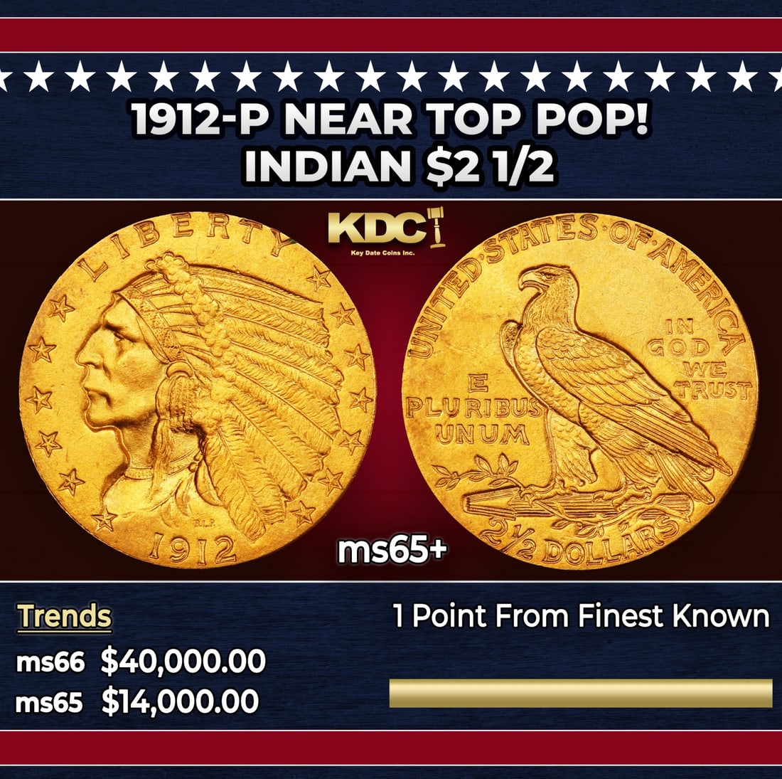 1912-p Gold Indian Quarter Eagle Near Top Pop! $2 1/2 ms65+ SEGS: 1912-p Near Top Pop! Gold Indian Quarter Eagle $2 1/2 ms65+ SEGS. Many Indian gold specialists consider the 1912 quarter eagle to be underrated in Gem and better condition. The spotlight is usually ho