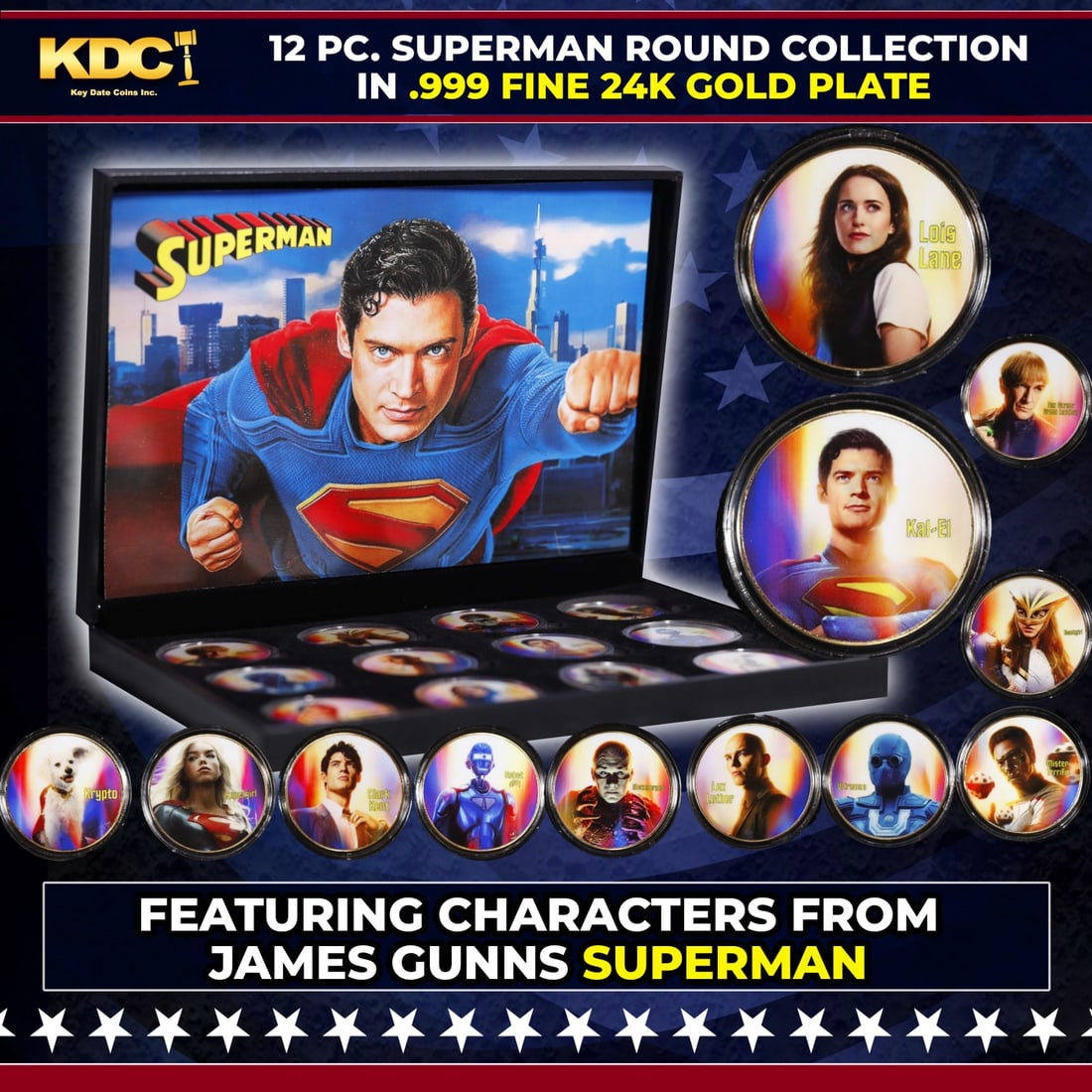 12 Coin James Gunn Superman Gold Plated Round Collection In Custom Box W/ Special Backer card: 12 Coin James Gunn Superman Gold Plated Round Collection In Custom Box W/ Special Backer card. Please Note All Backer Cards may have slight differences but will be very similar if not identical to the