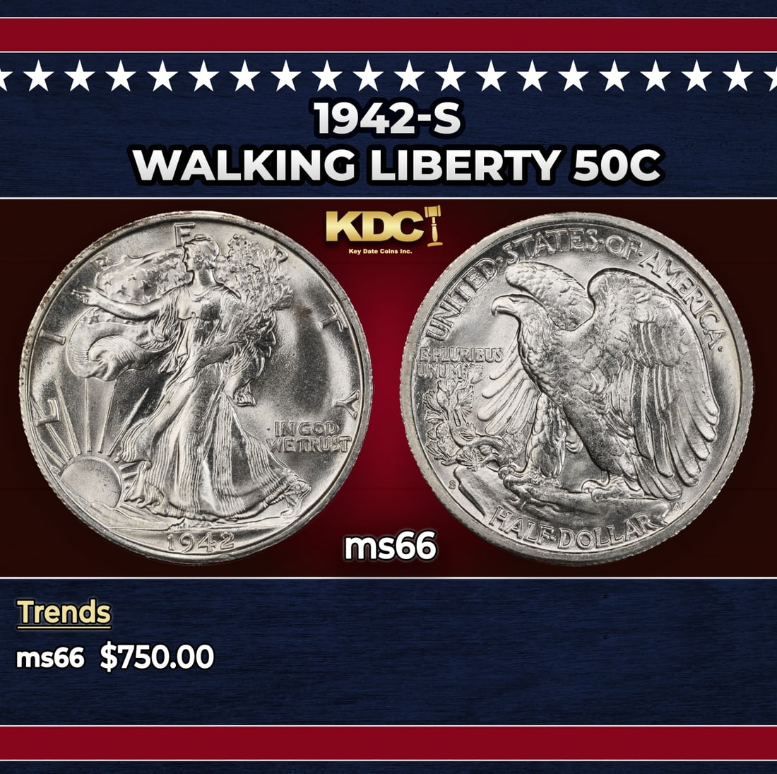 1942-s Walking Liberty Half Dollar 50c Grades ms66: 1942-s Walking Liberty Half Dollar 50c Grades ms66. Historic precious metal trends is causing increased spot pricing by the day. On auctions with set openings, we are doing our best to have items pric