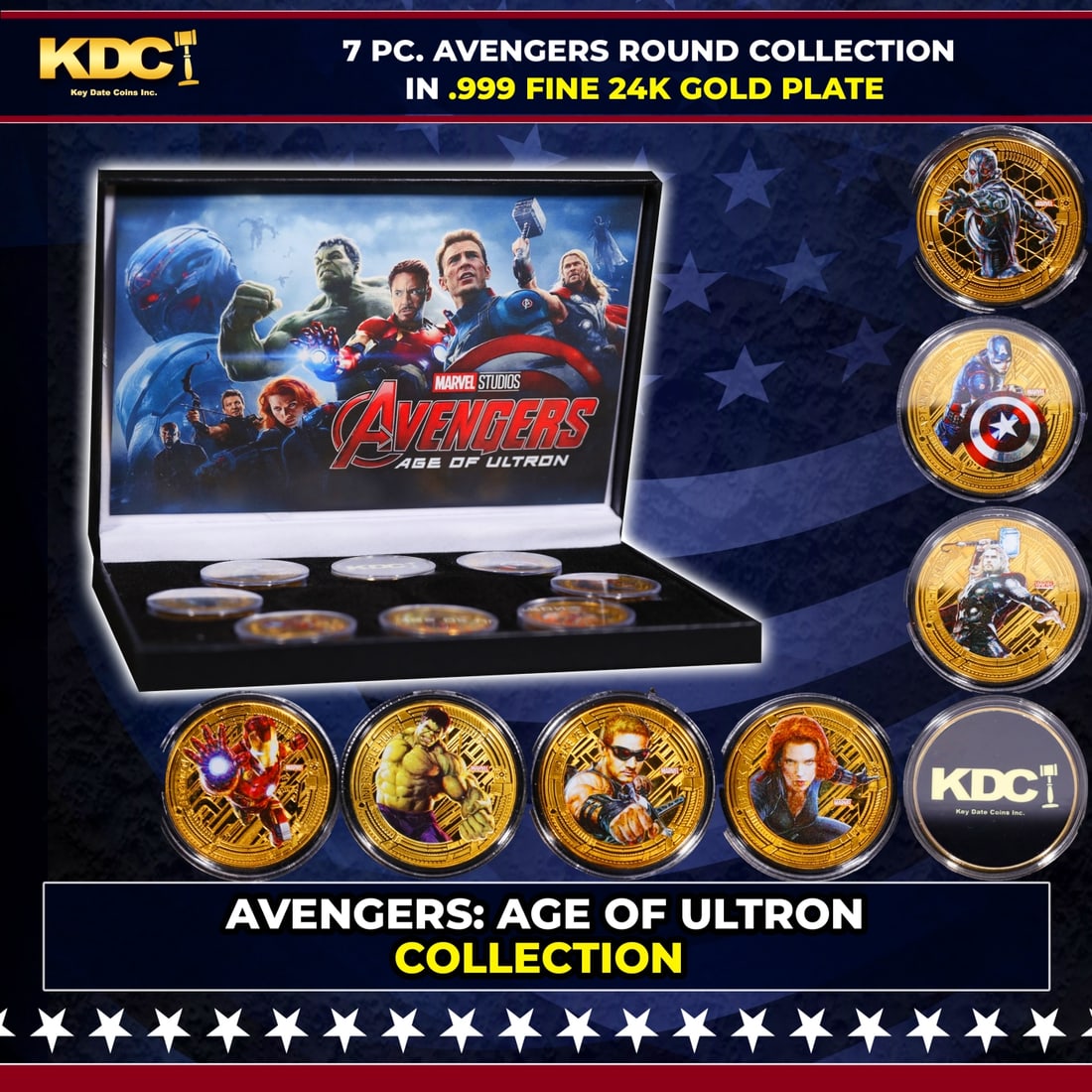 7 Coin Marvel AVENGERS Age Of Ultron 24k Gold Plated Round Collection: 7 Coin Marvel AVENGERS Age Of Ultron 24k Gold Plated Round Collection. Please Note All Backer Cards may have slight differences but will be very similar if not identical to the one in the photo