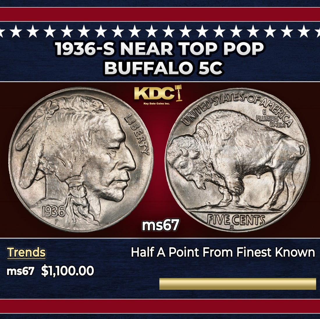 1936-s Buffalo Nickel Near Top Pop 5c ms67 SEGS: 1936-s Near Top Pop Buffalo Nickel 5c ms67 SEGS. Historic precious metal trends is causing increased spot pricing by the day. On auctions with set openings, we are doing our best to have items priced 