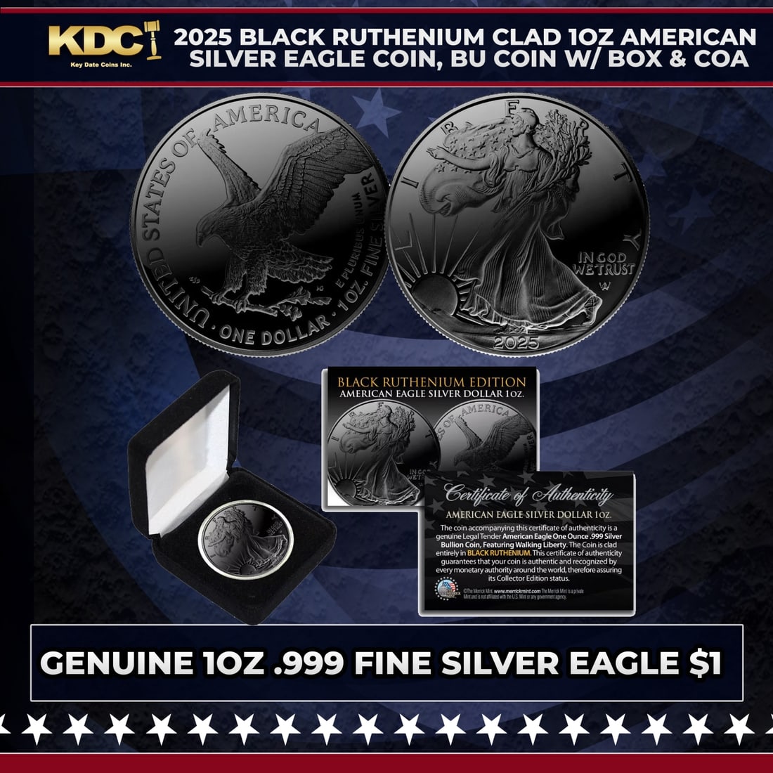2025 Black Ruthenium Clad 1oz American Silver Eagle Coin, BU Coin w/ Box & COA Other Toy: 2025 Black Ruthenium Clad 1oz American Silver Eagle Coin, BU Coin w/ Box & COA. Seize this opportunity to acquire this BLACK RUTHENIUM EDITION 2025 American Silver Eagle Dollar U.S. Coin. To enhance t