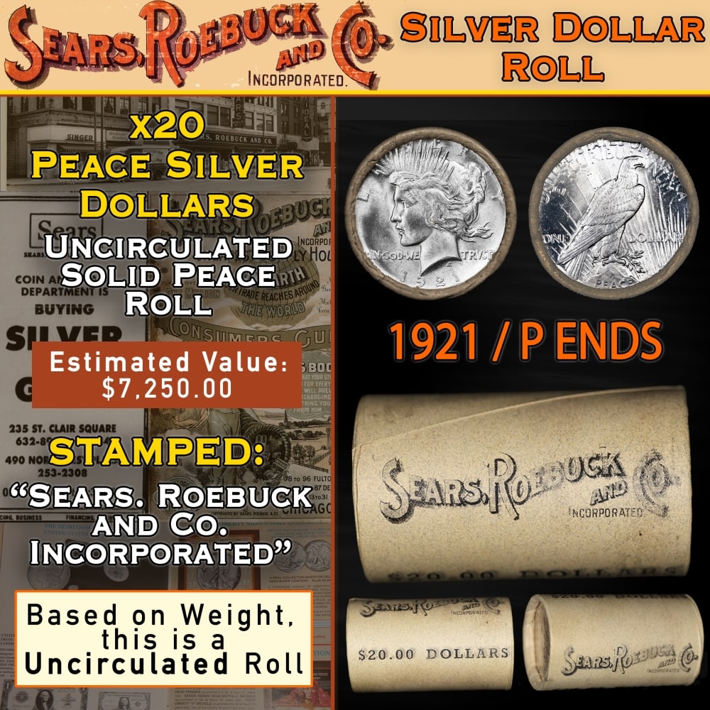 SEARS Unc Peace Roll 20 silver dollars-RARE 1921/'P' Rev End: SEARS Unc Peace Roll 20 silver dollars-RARE 1921/'P' Rev End. Up For Auction is a 4- SEARS Unc Peace Roll 20 silver dollars-RARE 1921/'P' Rev End Roll Weighing 537.5 g Based On this weight this is a U