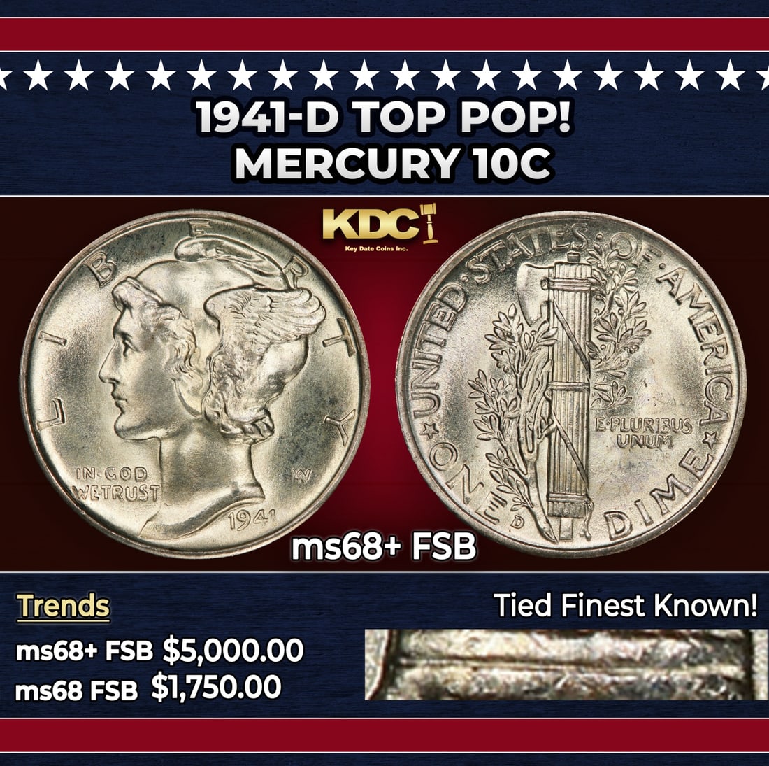 1941-d Mercury Dime TOP POP! 10c ms68+ FSB SEGS: 1941-d TOP POP! Mercury Dime 10c ms68+ FSB SEGS. Historic precious metal trends is causing increased spot pricing by the day. On auctions with set openings, we are doing our best to have items priced 
