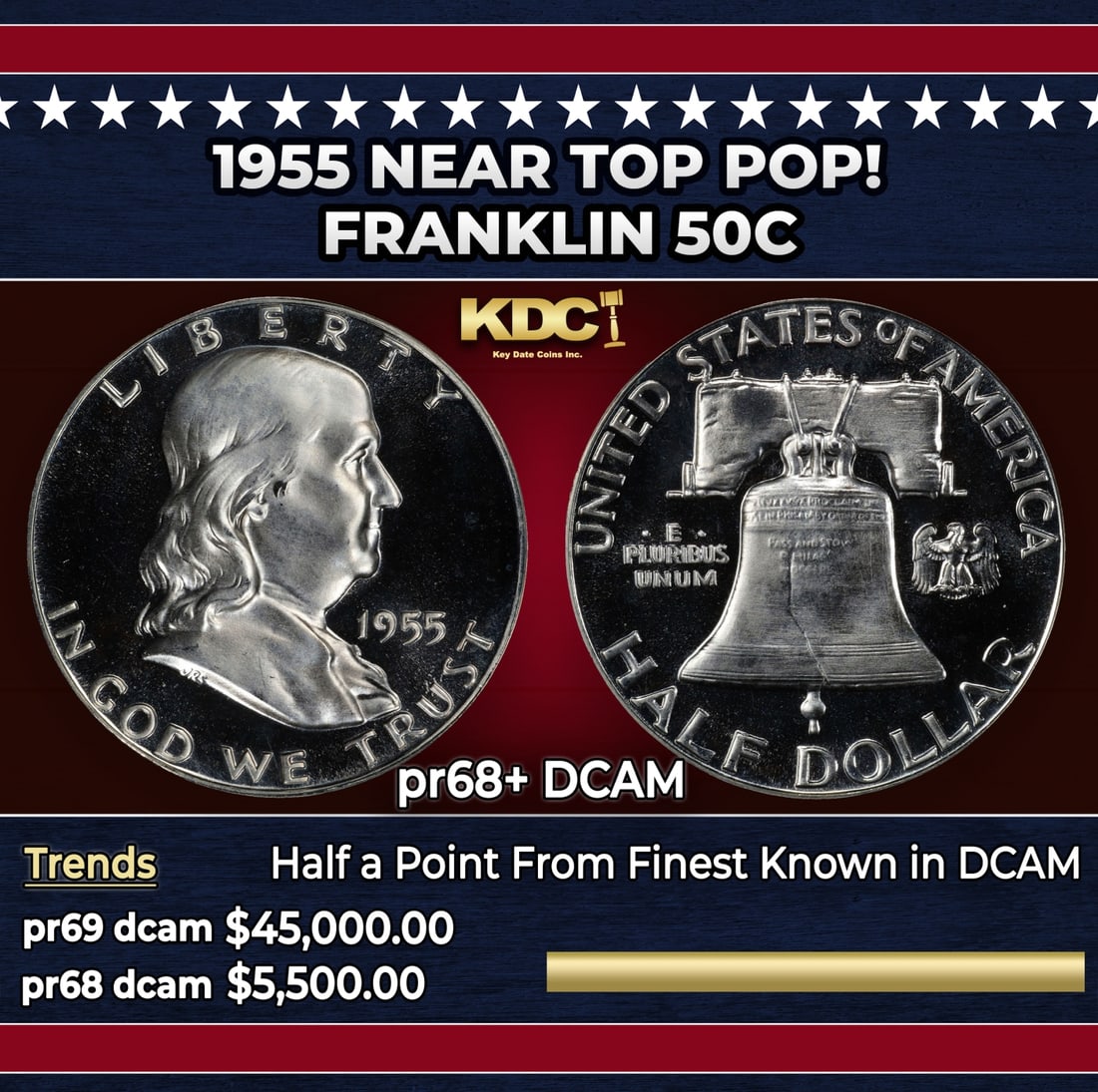 1955 Proof Franklin Half Dollar NEar Top Pop! 50c pr68+ DCAM SEGS: 1955 NEar Top Pop! Franklin Half Dollar 50c pr68+ DCAM SEGS. Historic precious metal trends is causing increased spot pricing by the day. On auctions with set openings, we are doing our best to have i