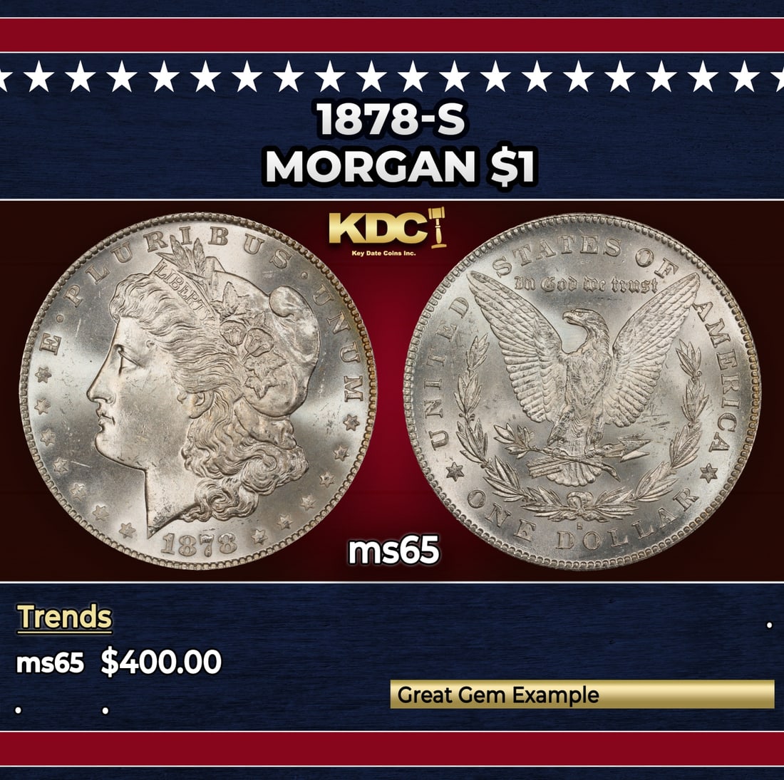 1878-s Morgan Dollar $1 Grades ms65: 1878-s Morgan Dollar $1 Grades ms65. Slightly better date. First year of issue.
