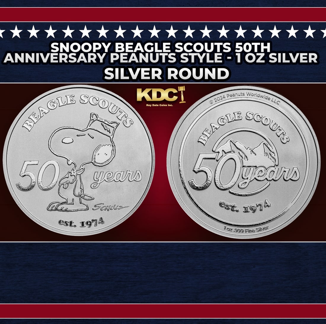 Snoopy Beagle Scouts 50th Anniversary Peanuts Style - 1 oz Silver Round Round: Snoopy Beagle Scouts 50th Anniversary Peanuts Style - 1 oz Silver Round. Now you can collect all of the classic Peanuts characters on these officially licensed silver rounds! Contains 1oz of .999 Fine