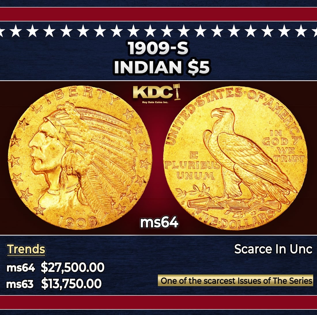 1909-s Gold Indian Half Eagle $5 ms64 USCG: 1909-s Gold Indian Half Eagle $5 ms64 USCG. Per David Akers of PCGS "The 1909-S is one of the four or five rarest issues of the series. Among San Francisco Mint issues it is virtually on par with the 