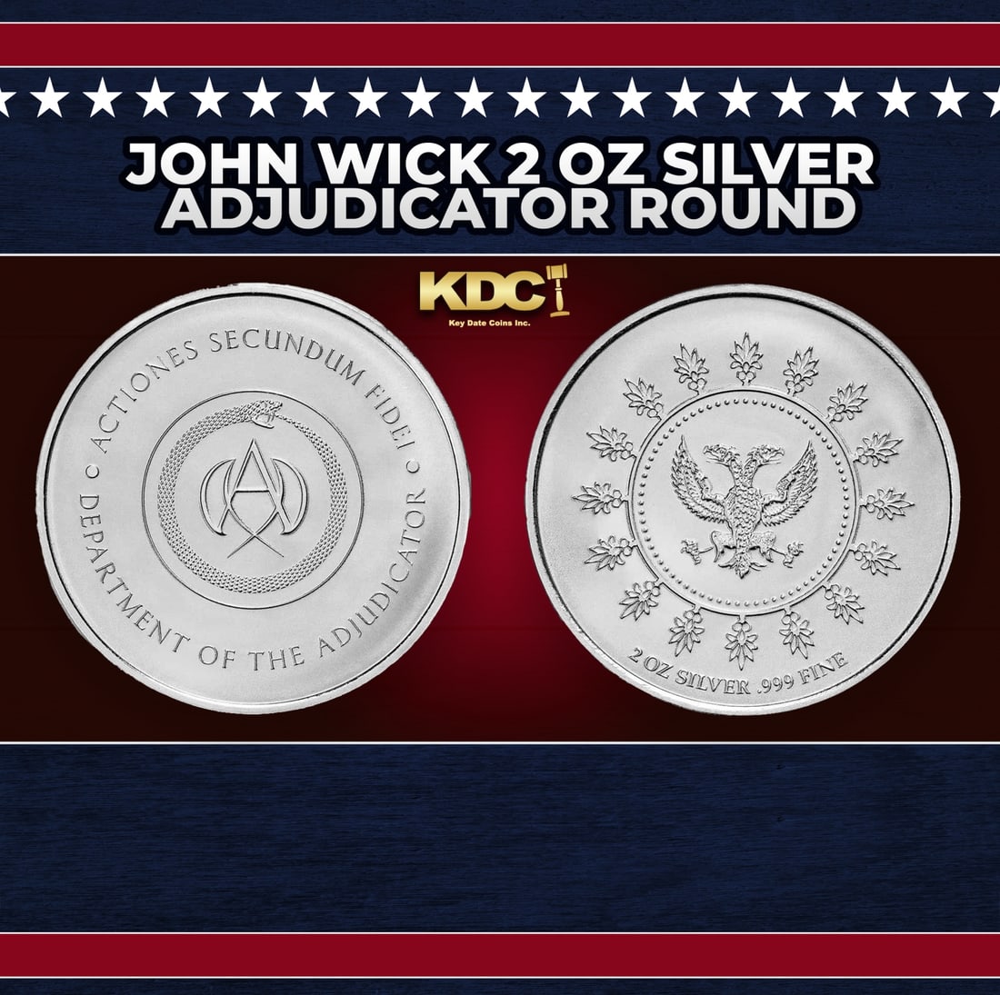 John Wick 2 oz Silver Adjudicator Round Round: John Wick 2 oz Silver Adjudicator Round. Lionsgate produced this exclusive, limited mintage coin featuring the Adjudicator?s Medallion from the John Wick franchise. This 2 oz .999 fine Silver round di