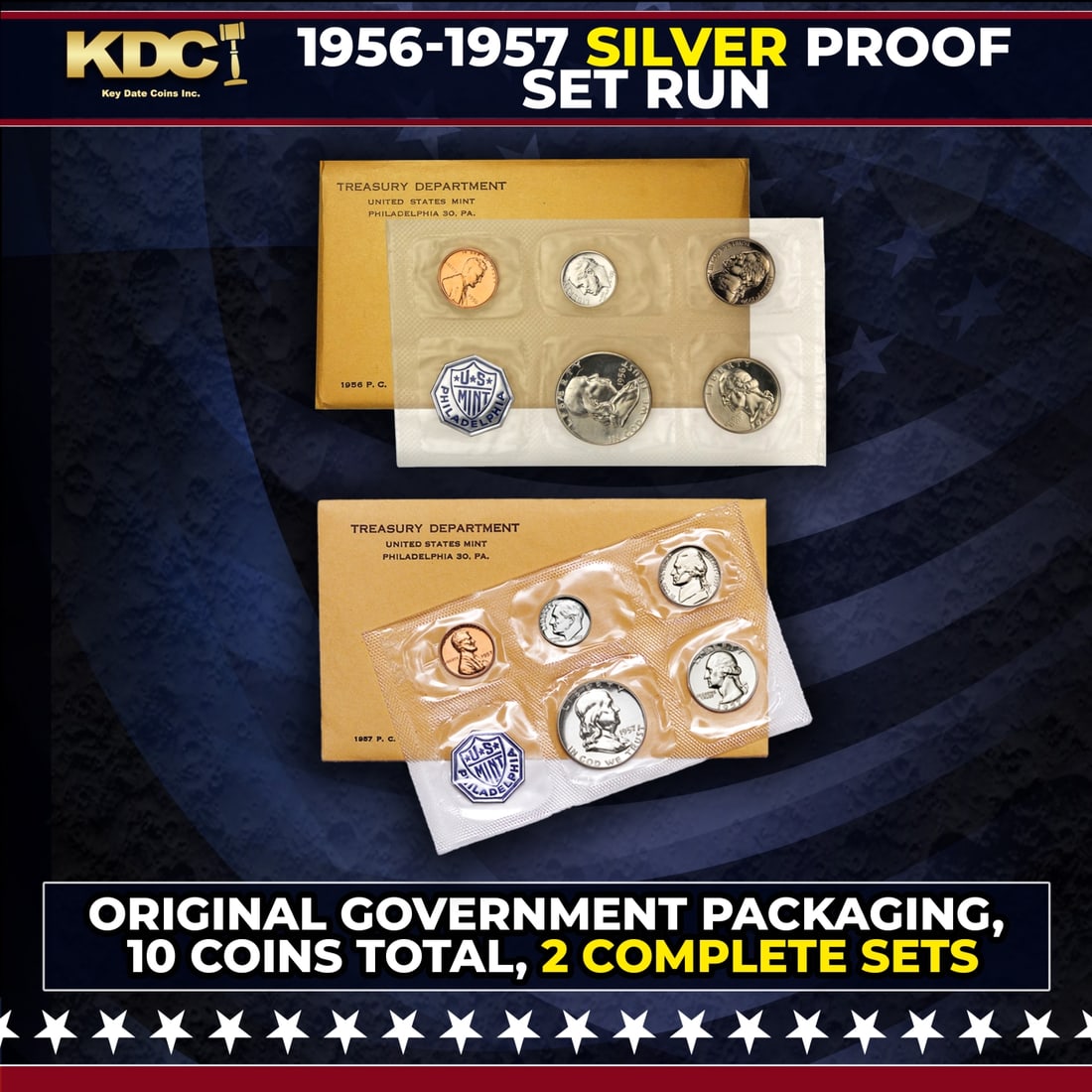 1956 & 1957 Silver Proof Sets 10 Coins In Original Government Packaging Manilla Envelope: 1956 & 1957 Silver Proof Sets 10 Coins In Original Government Packaging Manilla Envelope.