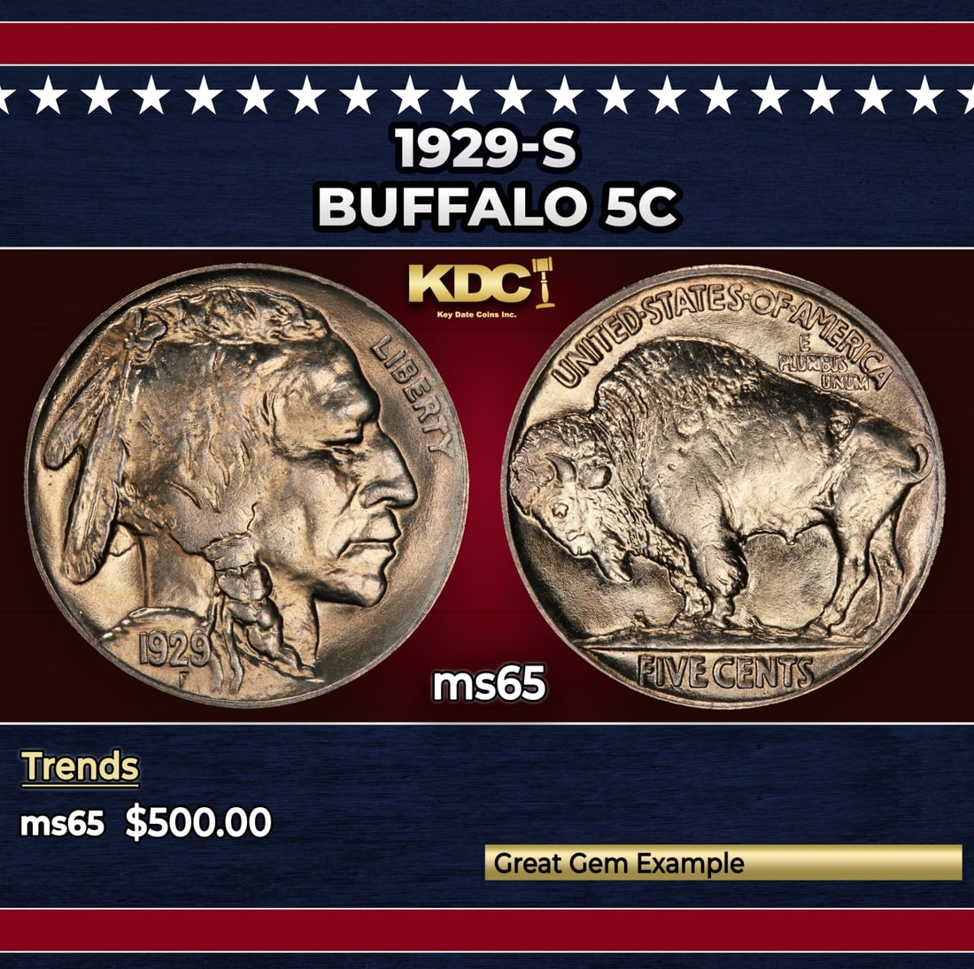 1929-s Buffalo Nickel 5c Grades ms65: 1929-s Buffalo Nickel 5c Grades ms65. Historic precious metal trends is causing increased spot pricing by the day. On auctions with set openings, we are doing our best to have items priced at their ma