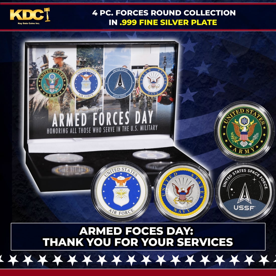 4 Coin Armied Forces Silver Plated Round Collection Army, Navy, Air Force, Space Force In Custom Box: 4 Coin Armied Forces Silver Plated Round Collection Army, Navy, Air Force, Space Force In Custom Box W/ Special Backer card. Please Note All Backer Cards may have slight differences but will be very s