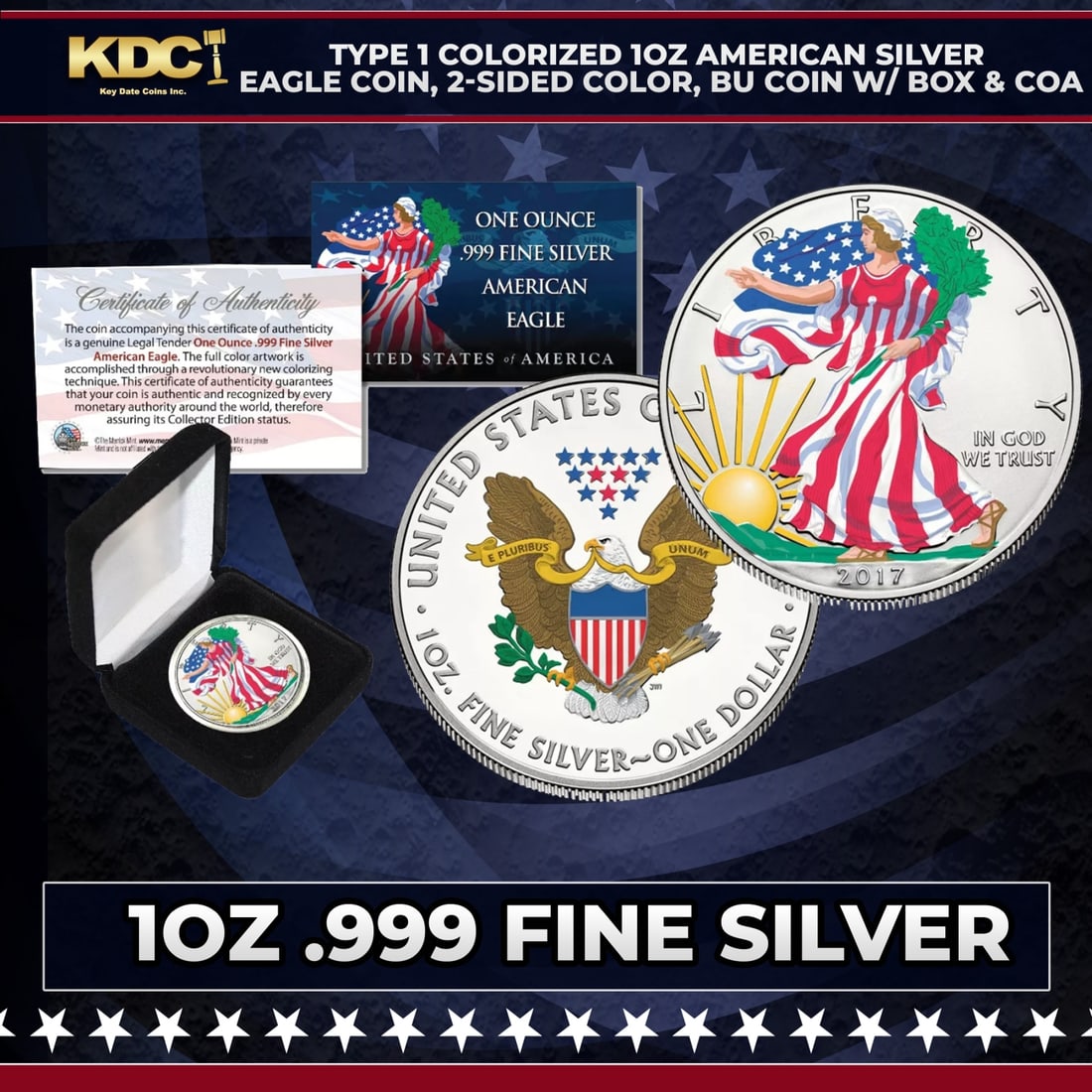 Type 1 Colorized 1oz American Silver Eagle Coin, 2-Sided Color, BU Coin w/ Box & COA Other Toy: Type 1 Colorized 1oz American Silver Eagle Coin, 2-Sided Color, BU Coin w/ Box & COA. No other bullion or proof silver coin series compares in popularity to the Silver Eagle. Here?s your chance to acq