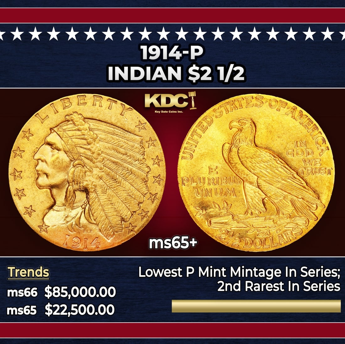 1914-p Gold Indian Quarter Eagle $2 1/2 ms65+ SEGS: 1914-p Gold Indian Quarter Eagle $2 1/2 ms65+ SEGS. The 1914 Indian quarter eagle boasts the lowest mintage of any Philadelphia issue of the series, at a mere 240,000 pieces. The 1914 is also widely c