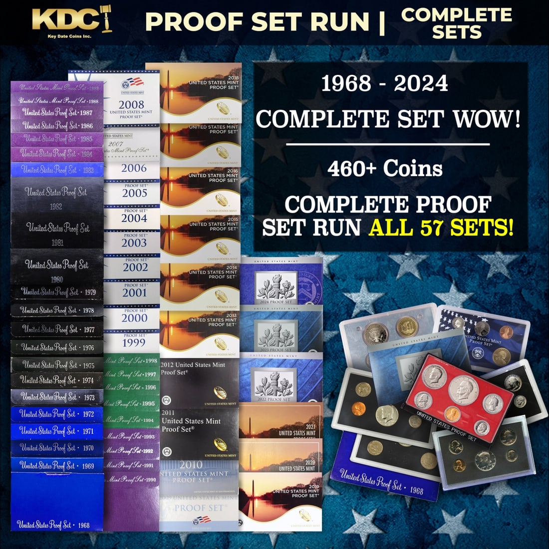 COMPLETE PROOF SET RUN ALL 57 SETS! 1968-2024 465 Coins COMPLETE SET WOW!: COMPLETE PROOF SET RUN ALL 57 SETS! 1968-2024 465 Coins COMPLETE SET WOW!. Complete Proof Set Run From 1968 to 2024 - 465 Coins, 57 Sets. The 2009 mint and proof sets had the highest number of coins a