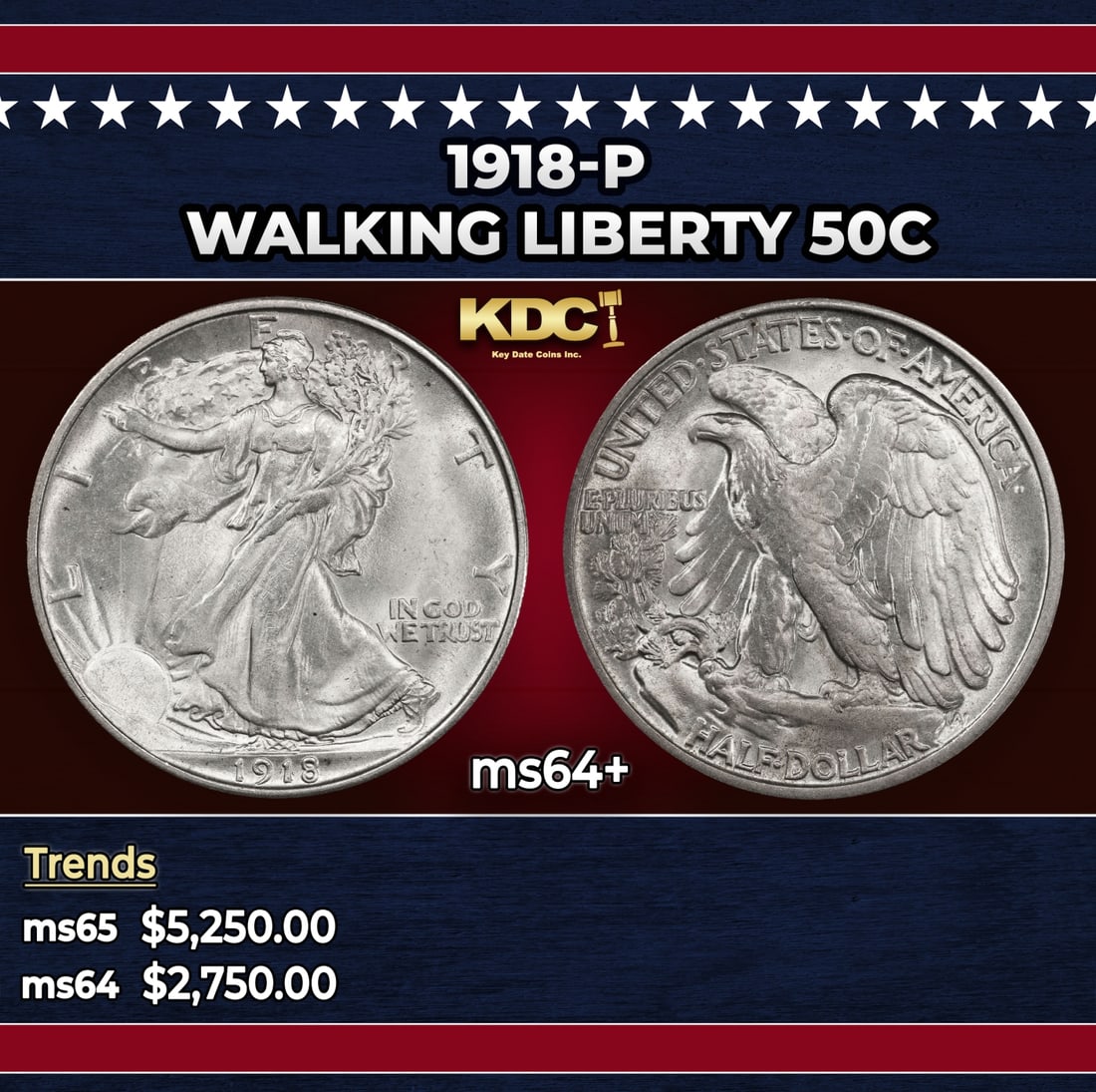 1918-p Walking Liberty Half Dollar 50c ms64+ SEGS: 1918-p Walking Liberty Half Dollar 50c ms64+ SEGS. Historic precious metal trends is causing increased spot pricing by the day. On auctions with set openings, we are doing our best to have items price