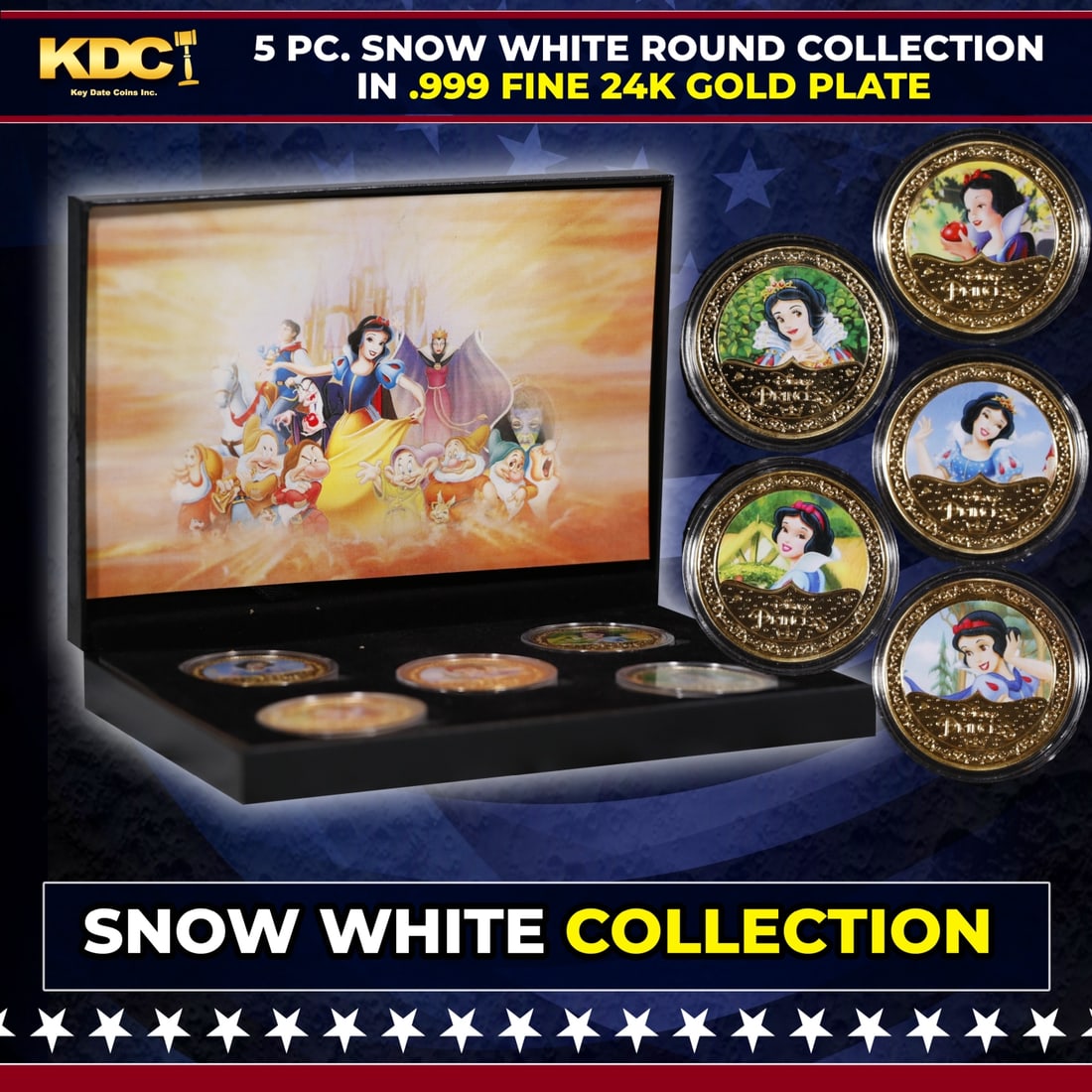 5 Coin Disney Snow White Gold Plated Round Collection In Custom Box W/ Special Backer card: 5 Coin Disney Snow White Gold Plated Round Collection In Custom Box W/ Special Backer card. Please Note All Backer Cards may have slight differences but will be very similar if not identical to the on