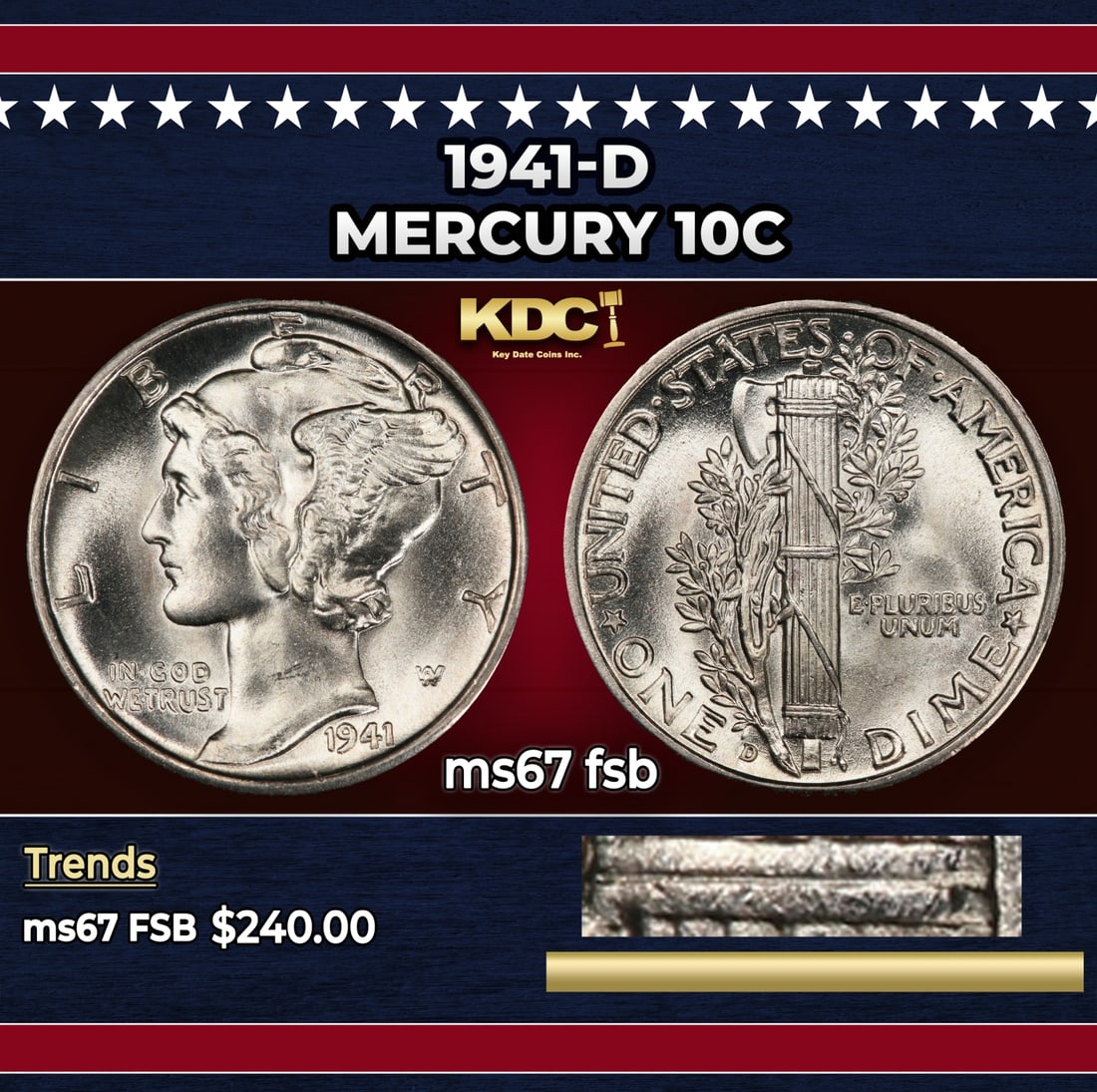 1941-d Mercury Dime 10c ms67 fsb SEGS: 1941-d Mercury Dime 10c ms67 fsb SEGS. Historic precious metal trends is causing increased spot pricing by the day. On auctions with set openings, we are doing our best to have items priced at their m
