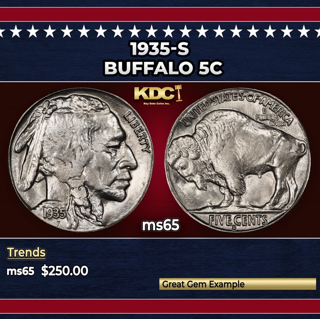 1935-s Buffalo Nickel 5c Grades ms65: 1935-s Buffalo Nickel 5c Grades ms65. Historic precious metal trends is causing increased spot pricing by the day. On auctions with set openings, we are doing our best to have items priced at their ma