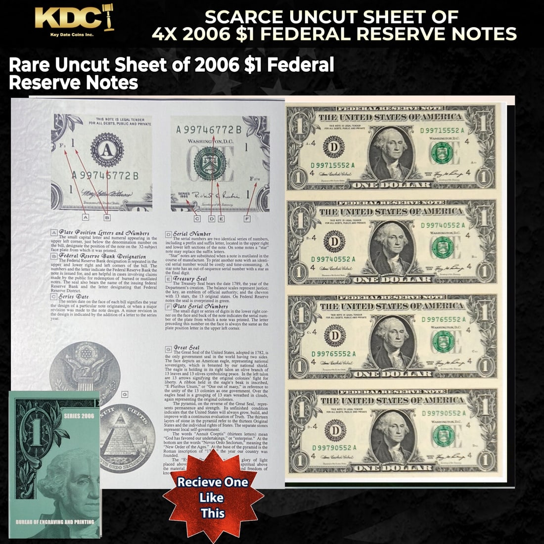 Scarce Uncut Sheet of 4x $1 Federal Reserve Notes In BeP Folder: Scarce Uncut Sheet of 4x $1 Federal Reserve Notes In BeP Folder. Historic precious metal trends is causing increased spot pricing by the day. On auctions with set openings, we are doing our best to ha