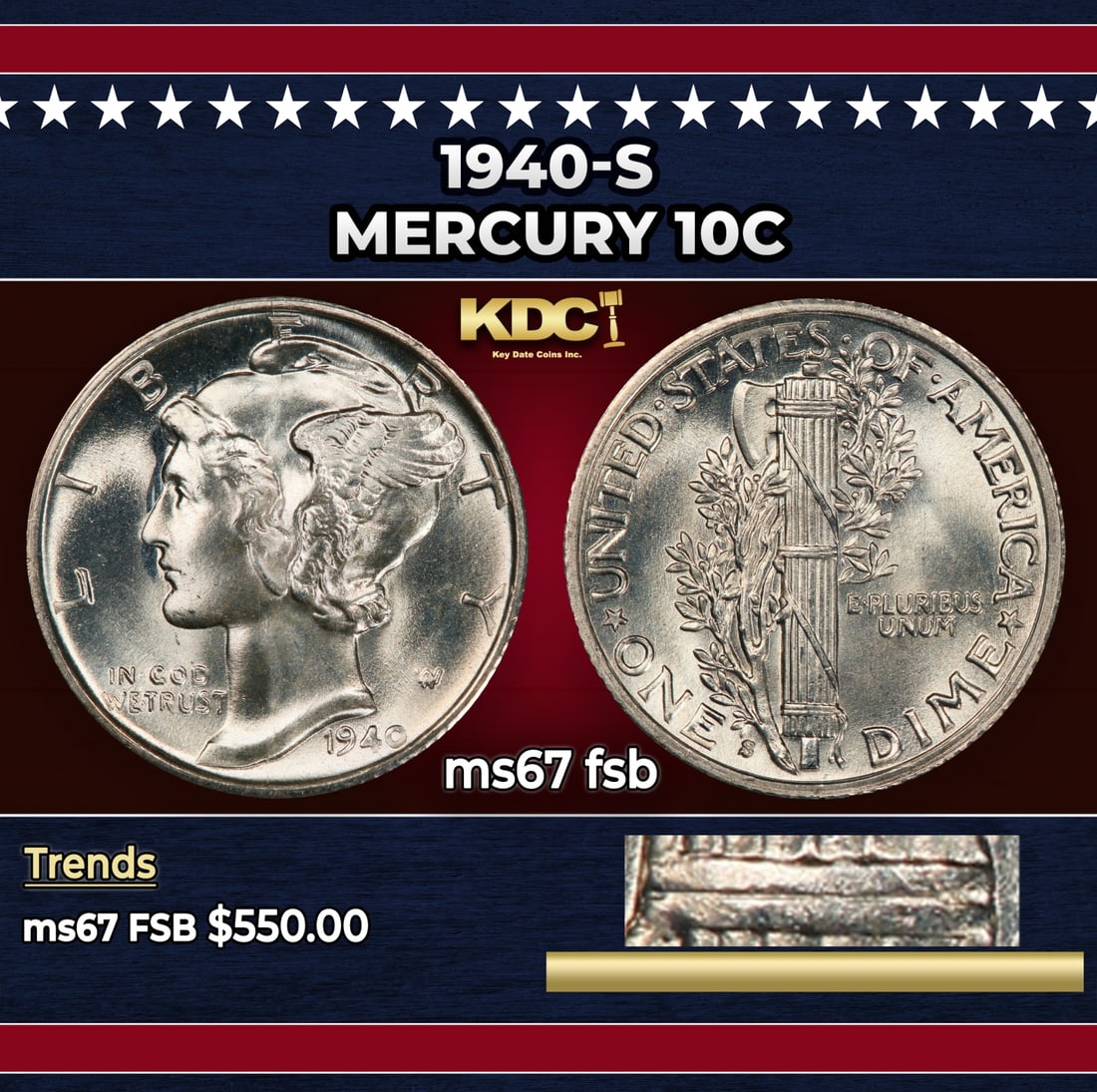 1940-s Mercury Dime 10c ms67 fsb SEGS: 1940-s Mercury Dime 10c ms67 fsb SEGS. Historic precious metal trends is causing increased spot pricing by the day. On auctions with set openings, we are doing our best to have items priced at their m