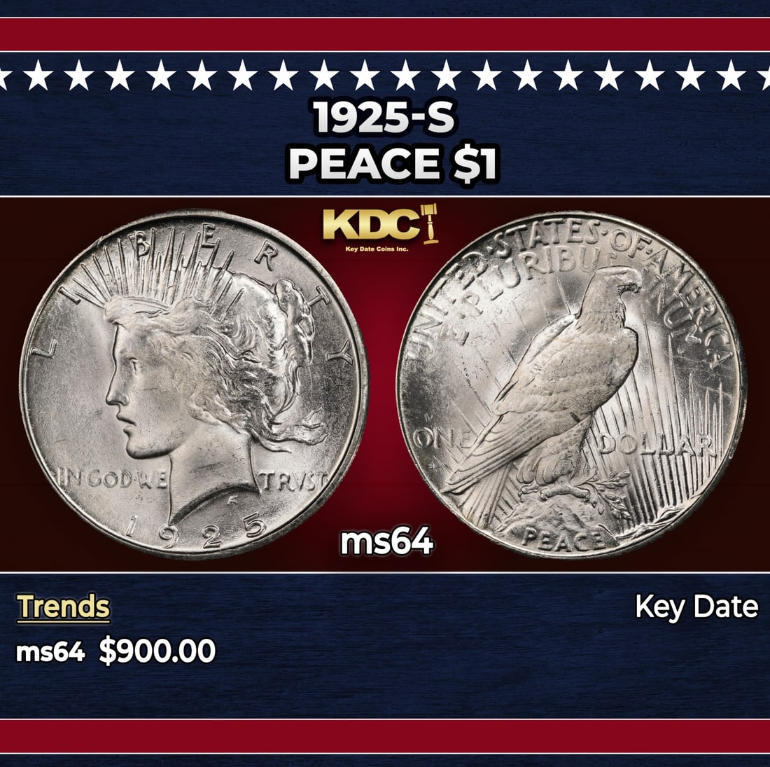1925-s Peace Dollar $1 Grades ms64: 1925-s Peace Dollar $1 Grades ms64. Historic precious metal trends is causing increased spot pricing by the day. On auctions with set openings, we are doing our best to have items priced at their mark