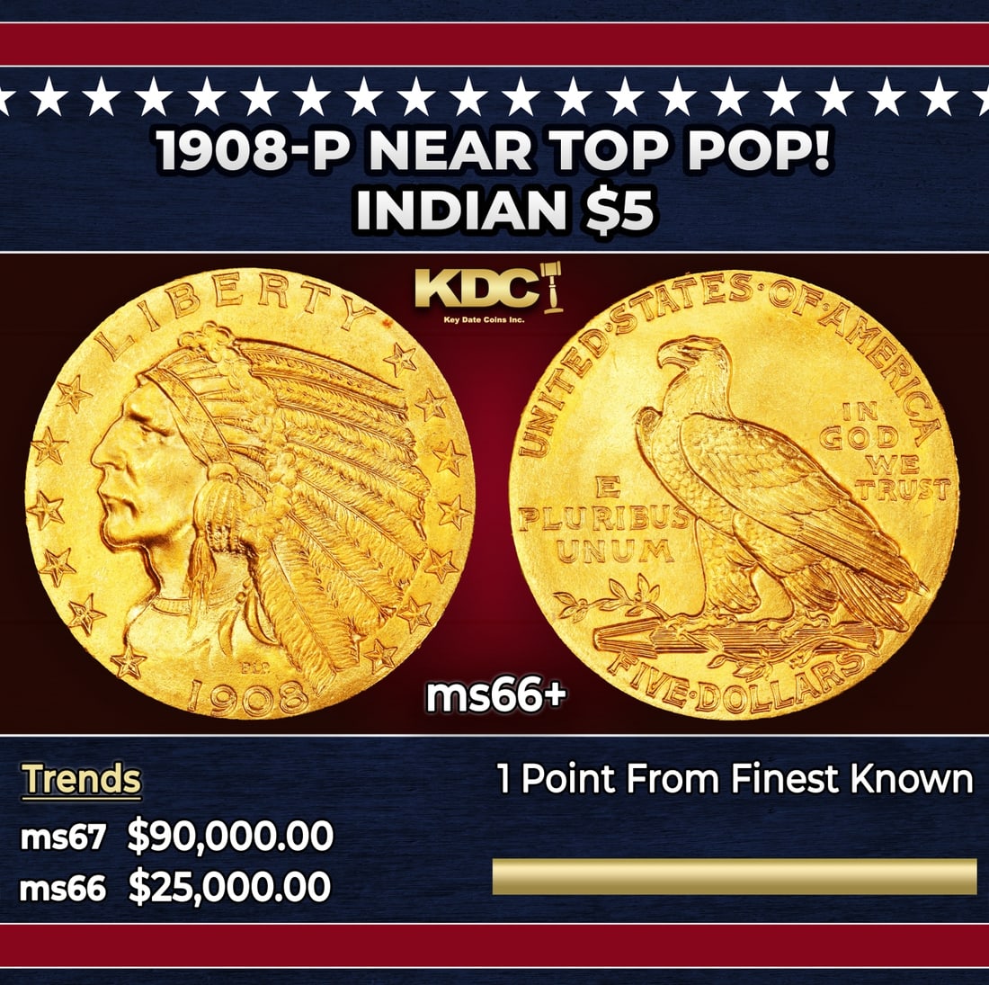 1908-p Gold Indian Half Eagle Near Top Pop! $5 ms66+ USCG: 1908-p Near Top Pop! Gold Indian Half Eagle $5 ms66+ USCG. Always in demand as the first issue of its design type, the 1908 Indian half eagle was widely saved as souvenirs. Only a few examples survive