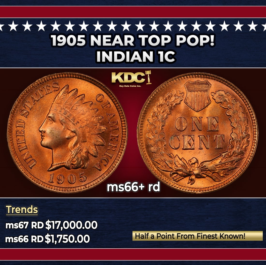 1905 Indian Cent Near Top Pop! 1c ms66+ rd SEGS (1 of 3)